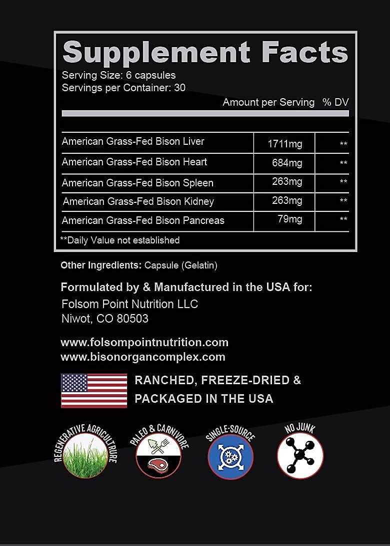 Desiccated Bison Liver Heart & Organ Complex Supplement - 100% Grass-fed Folsom Point Nutrition - Single Bottle - All-American Made