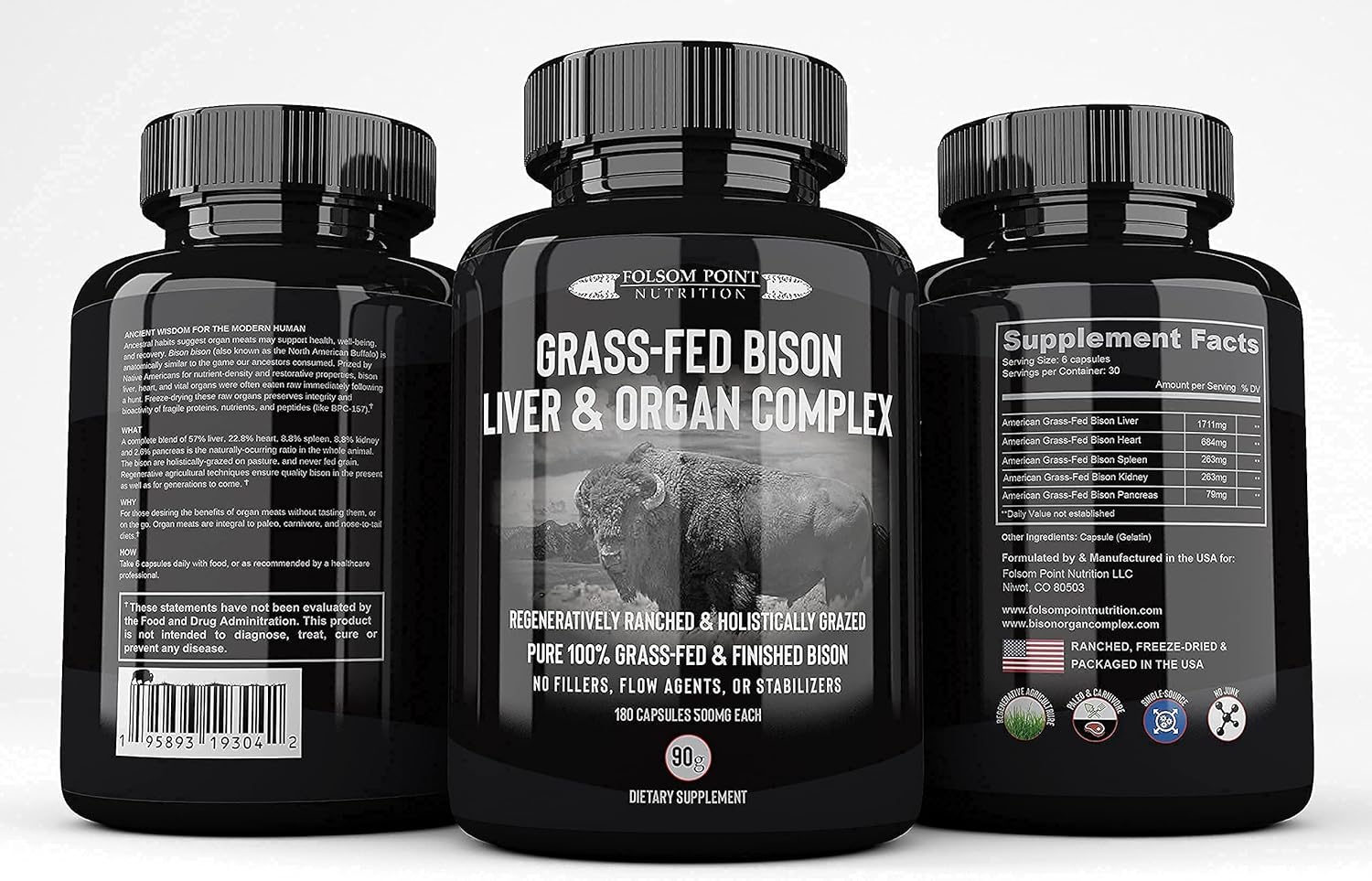 Desiccated Bison Liver Heart & Organ Complex Supplement - 100% Grass-fed Folsom Point Nutrition - Single Bottle - All-American Made