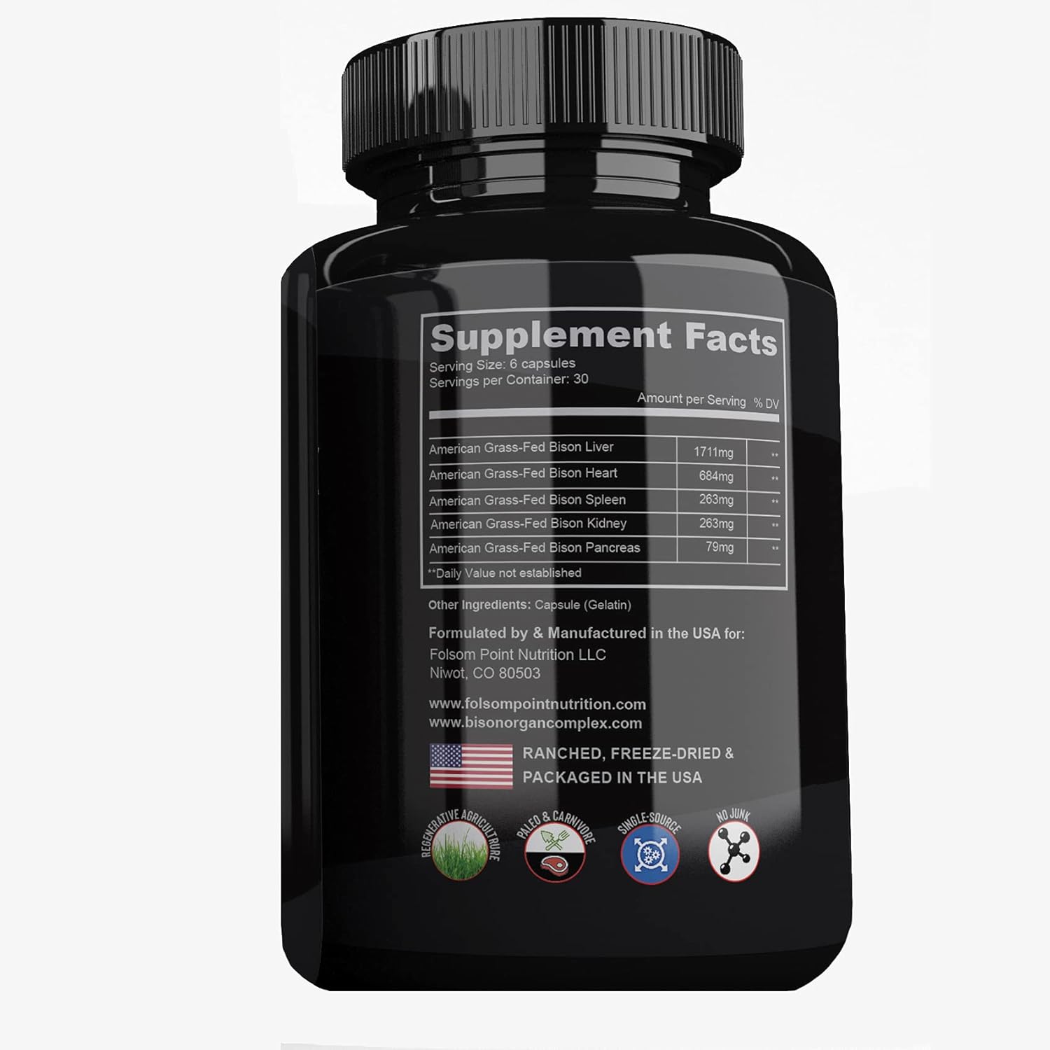 Desiccated Bison Liver Heart & Organ Complex Supplement - 100% Grass-fed Folsom Point Nutrition - Single Bottle - All-American Made