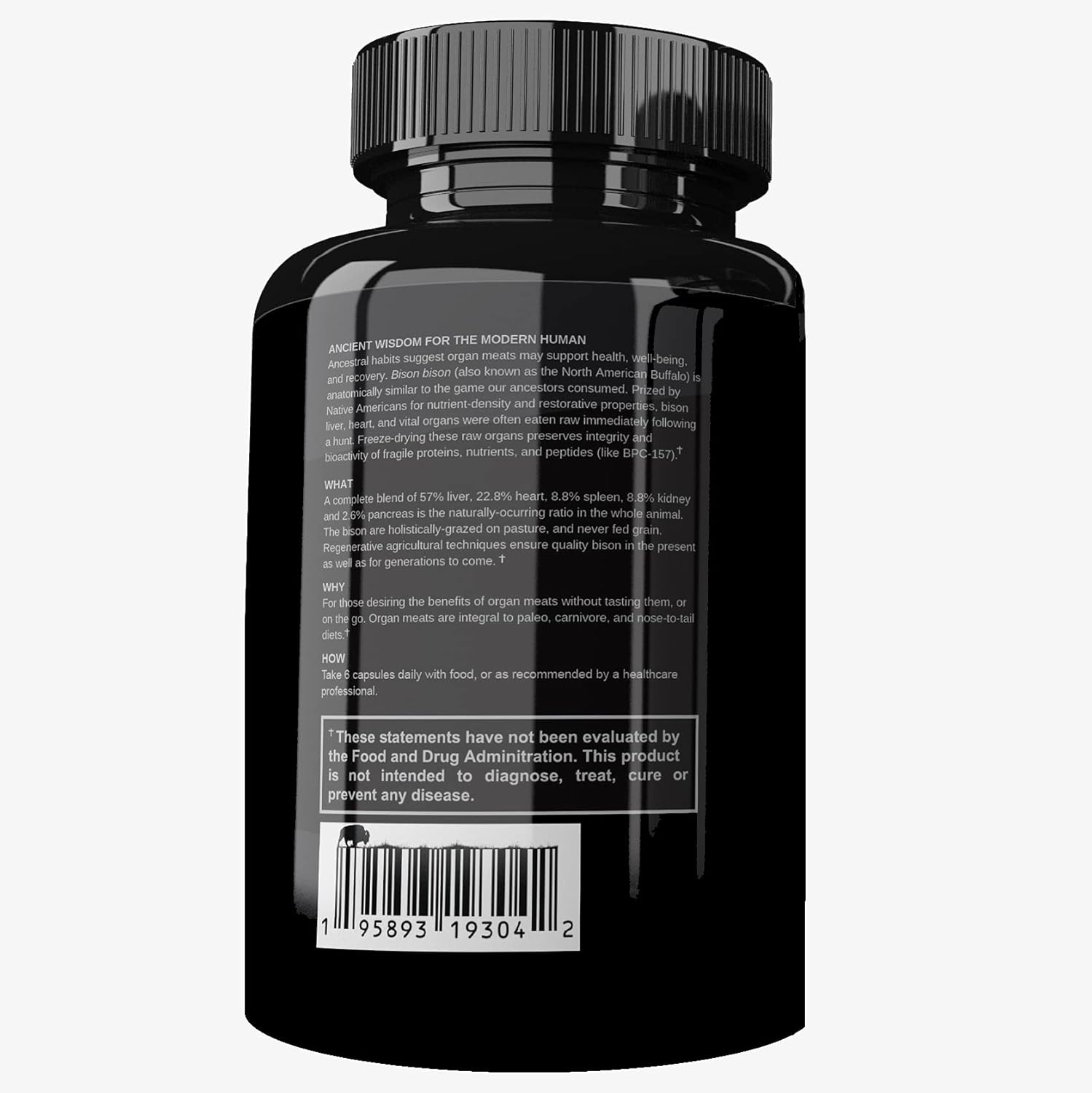 Desiccated Bison Liver Heart & Organ Complex Supplement - 100% Grass-fed Folsom Point Nutrition - Single Bottle - All-American Made