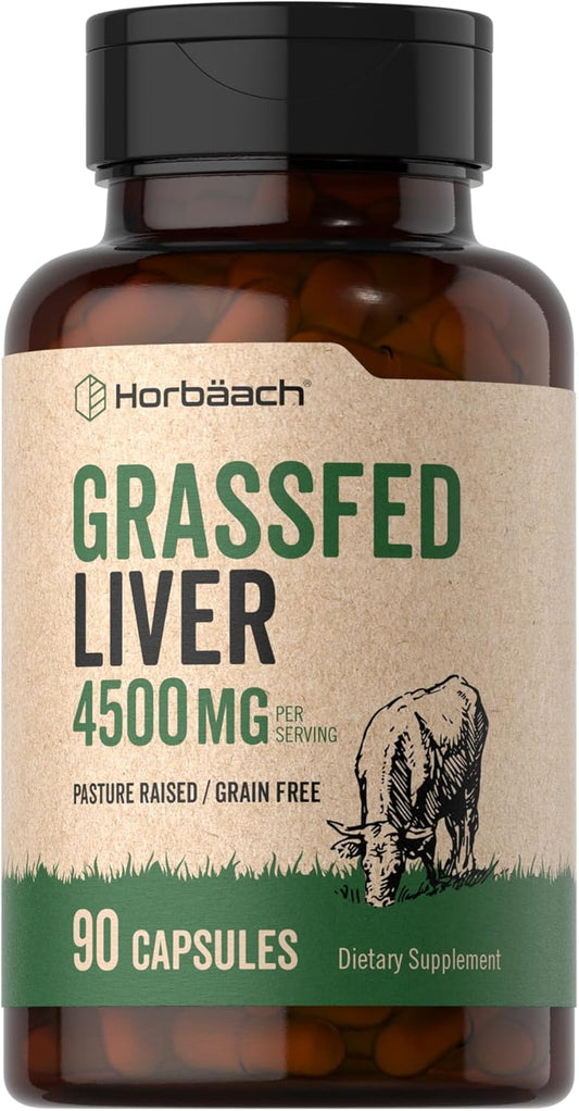 Desiccated Grass Fed Beef Liver Capsules - 4500mg, 90 Count - Pasture Raised, Grain Free, Non-GMO Supplement