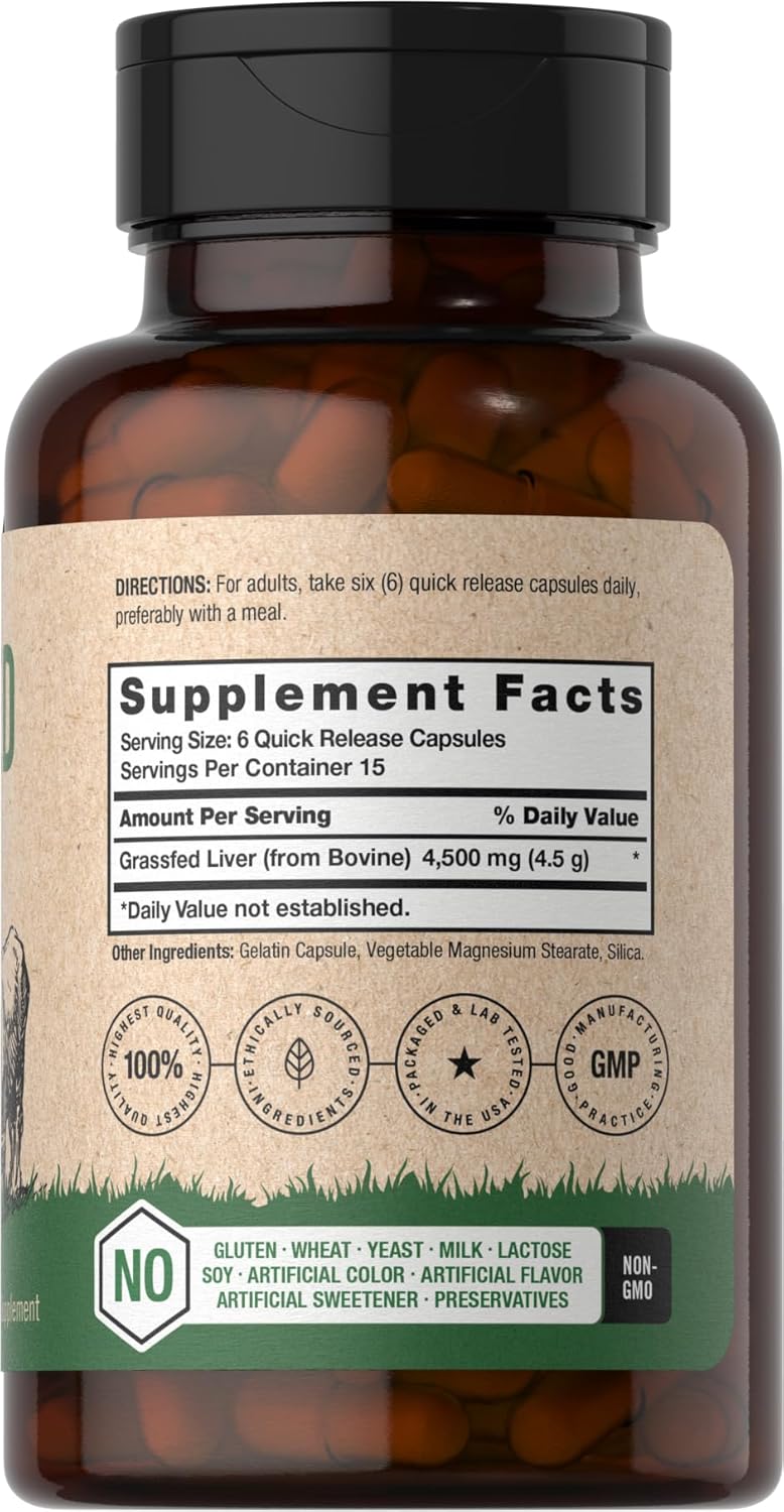 Desiccated Grass Fed Beef Liver Capsules - 4500mg, 90 Count - Pasture Raised, Grain Free, Non-GMO Supplement