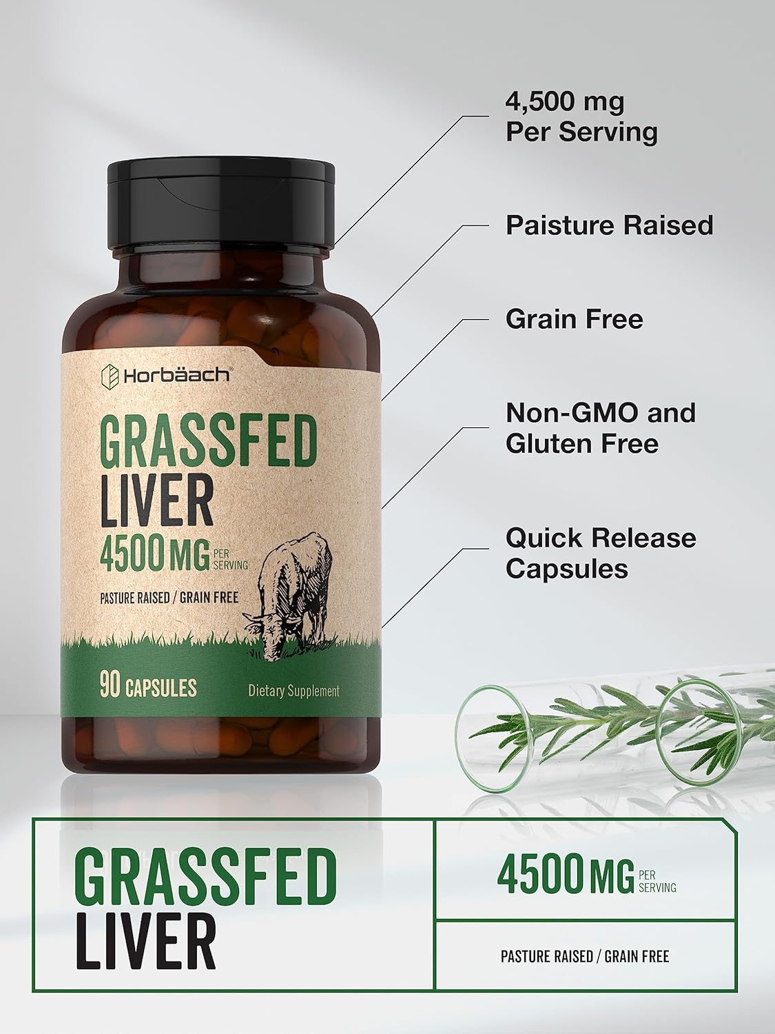Desiccated Grass Fed Beef Liver Capsules - 4500mg, 90 Count - Pasture Raised, Grain Free, Non-GMO Supplement