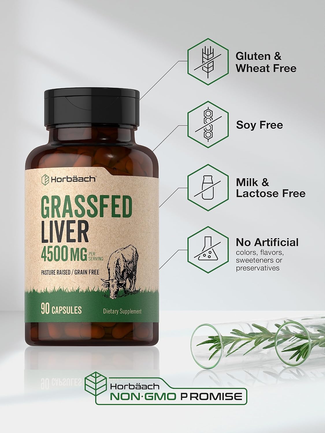 Desiccated Grass Fed Beef Liver Capsules - 4500mg, 90 Count - Pasture Raised, Grain Free, Non-GMO Supplement