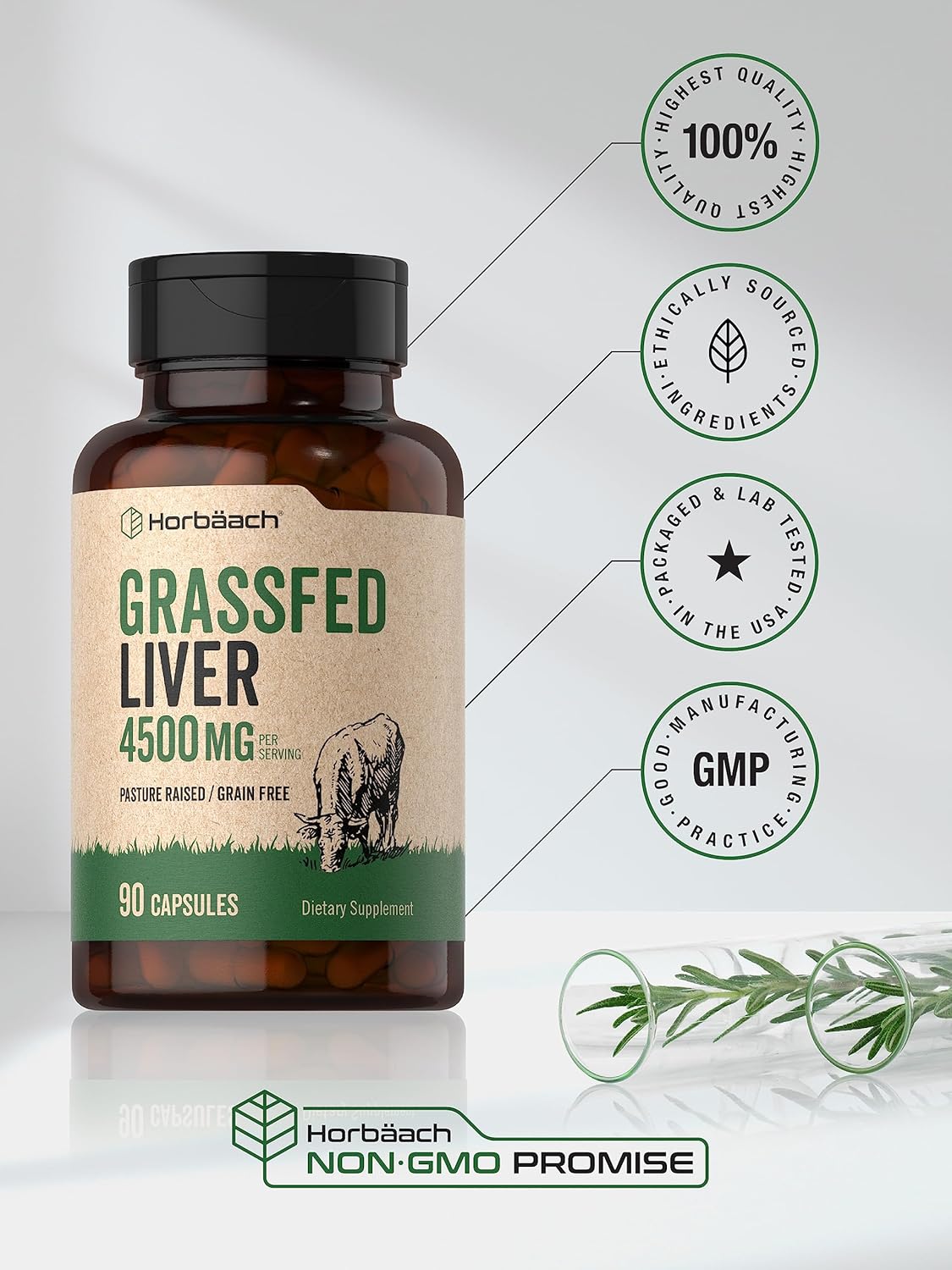 Desiccated Grass Fed Beef Liver Capsules - 4500mg, 90 Count - Pasture Raised, Grain Free, Non-GMO Supplement