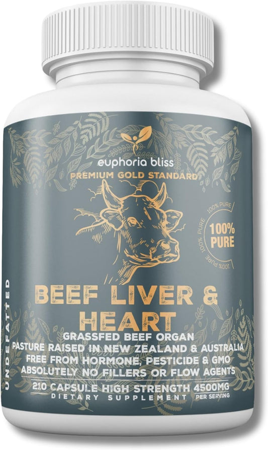 Desiccated Grass Fed Beef Liver & Heart Capsules | 210 Quick Release Capsules (750mg Each) Non-GMO Supplement