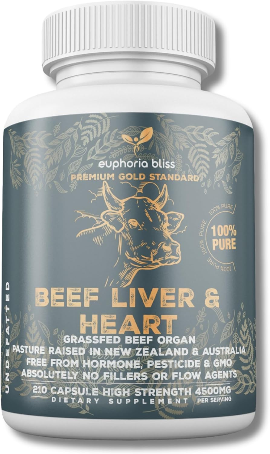 Desiccated Grass Fed Beef Liver & Heart Capsules | 210 Quick Release Capsules (750mg Each) Non-GMO Supplement