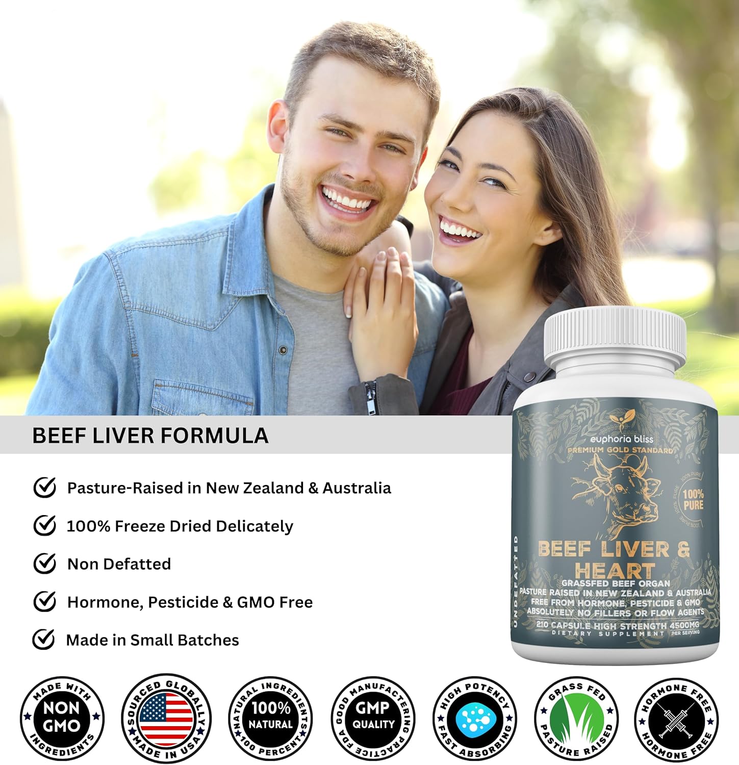 Desiccated Grass Fed Beef Liver & Heart Capsules | 210 Quick Release Capsules (750mg Each) Non-GMO Supplement
