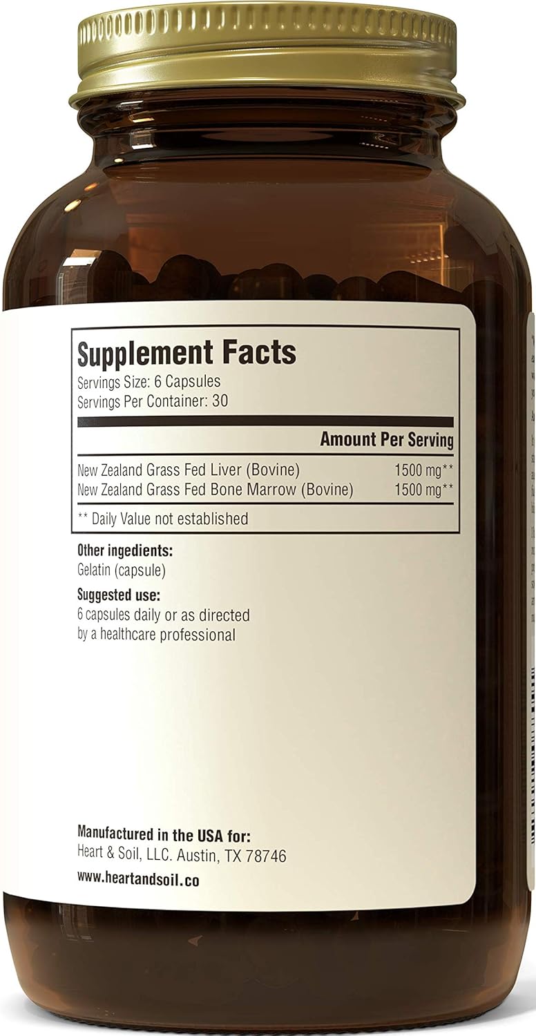 Desiccated Grass-Fed Bone Marrow & Liver Supplement for Mood, Bone, Joint, Tissue, & Skin Health - 180 Capsules