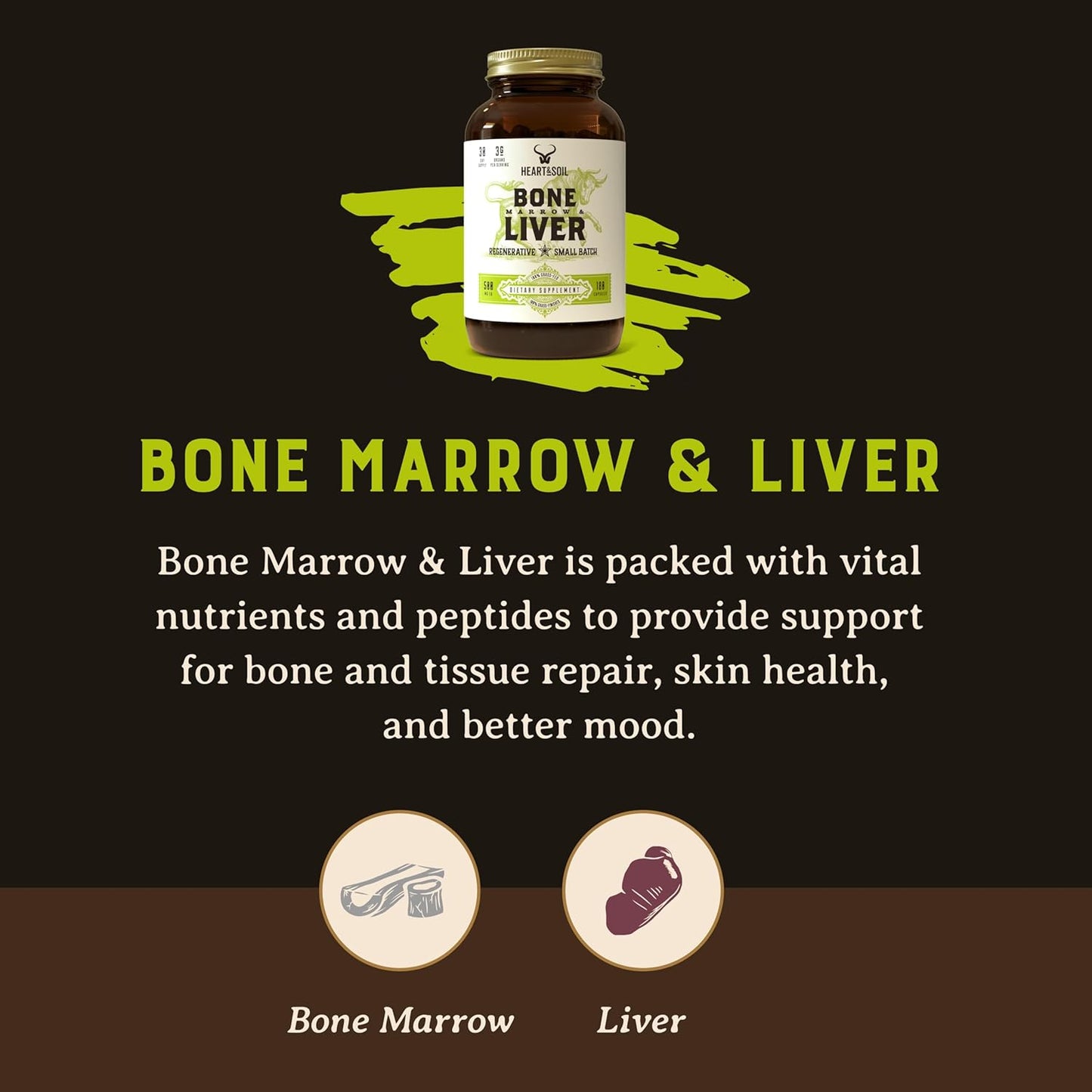 Desiccated Grass-Fed Bone Marrow & Liver Supplement for Mood, Bone, Joint, Tissue, & Skin Health - 180 Capsules