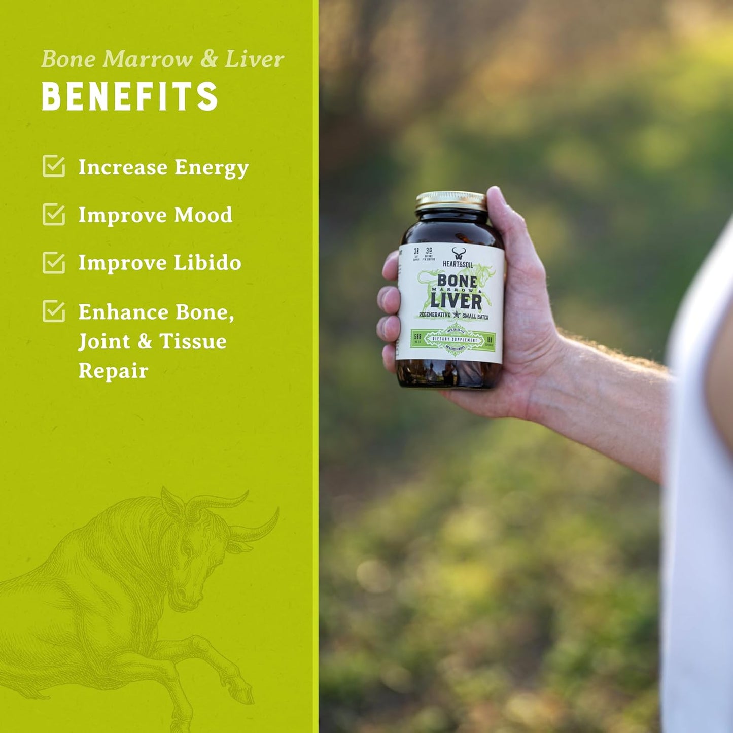 Desiccated Grass-Fed Bone Marrow & Liver Supplement for Mood, Bone, Joint, Tissue, & Skin Health - 180 Capsules