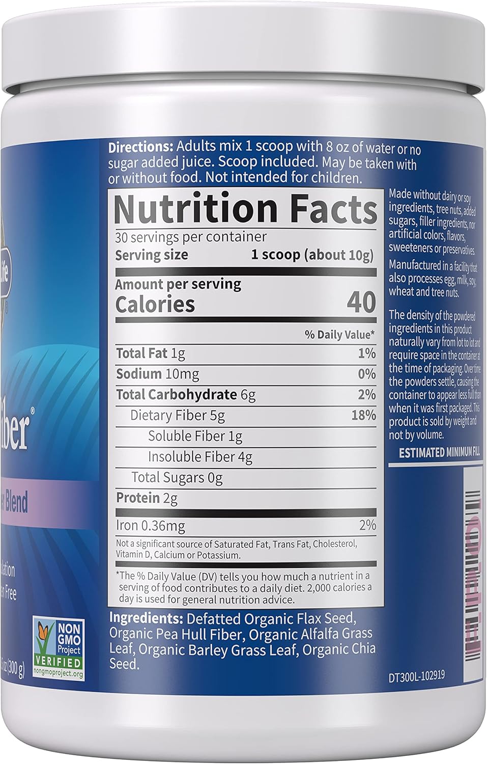 Detoxifiber Organic Fiber Powder Blend with Chia, Alfalfa & Barley - Herbal Cleanse & Gut Health Support - Non-GMO, Gluten-Free, Vegan - 30 Servings