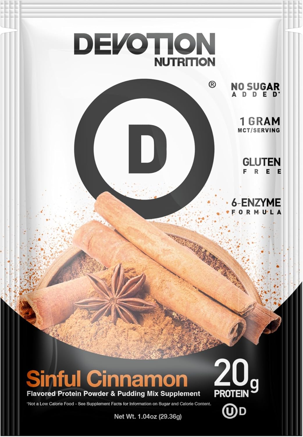Devotion Nutrition Sinful Cinnamon Protein Powder Blend - Gluten Free, Keto Friendly, 1g MCT - 20g Whey & Micellar Protein - 12 Single Serving Packets