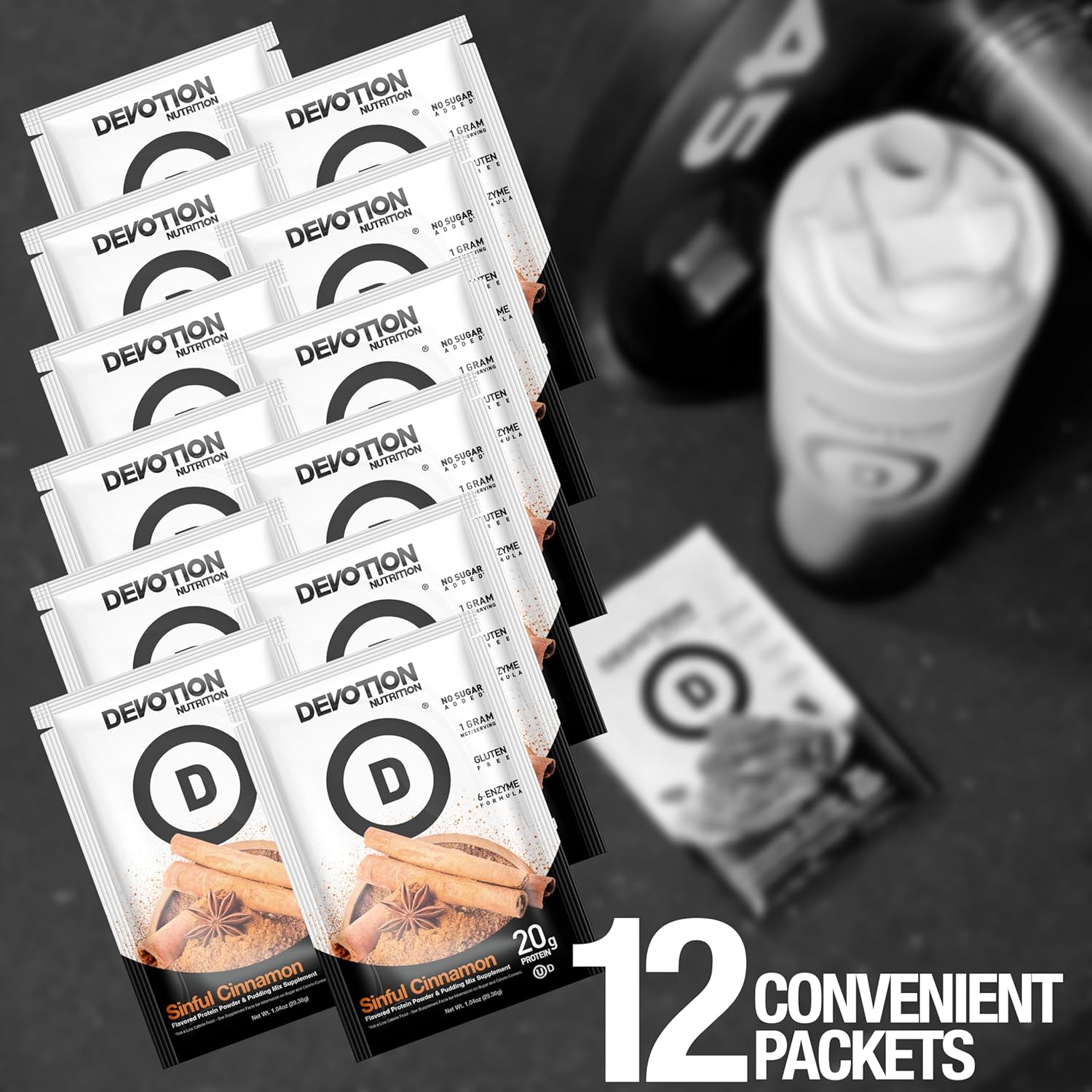 Devotion Nutrition Sinful Cinnamon Protein Powder Blend - Gluten Free, Keto Friendly, 1g MCT - 20g Whey & Micellar Protein - 12 Single Serving Packets