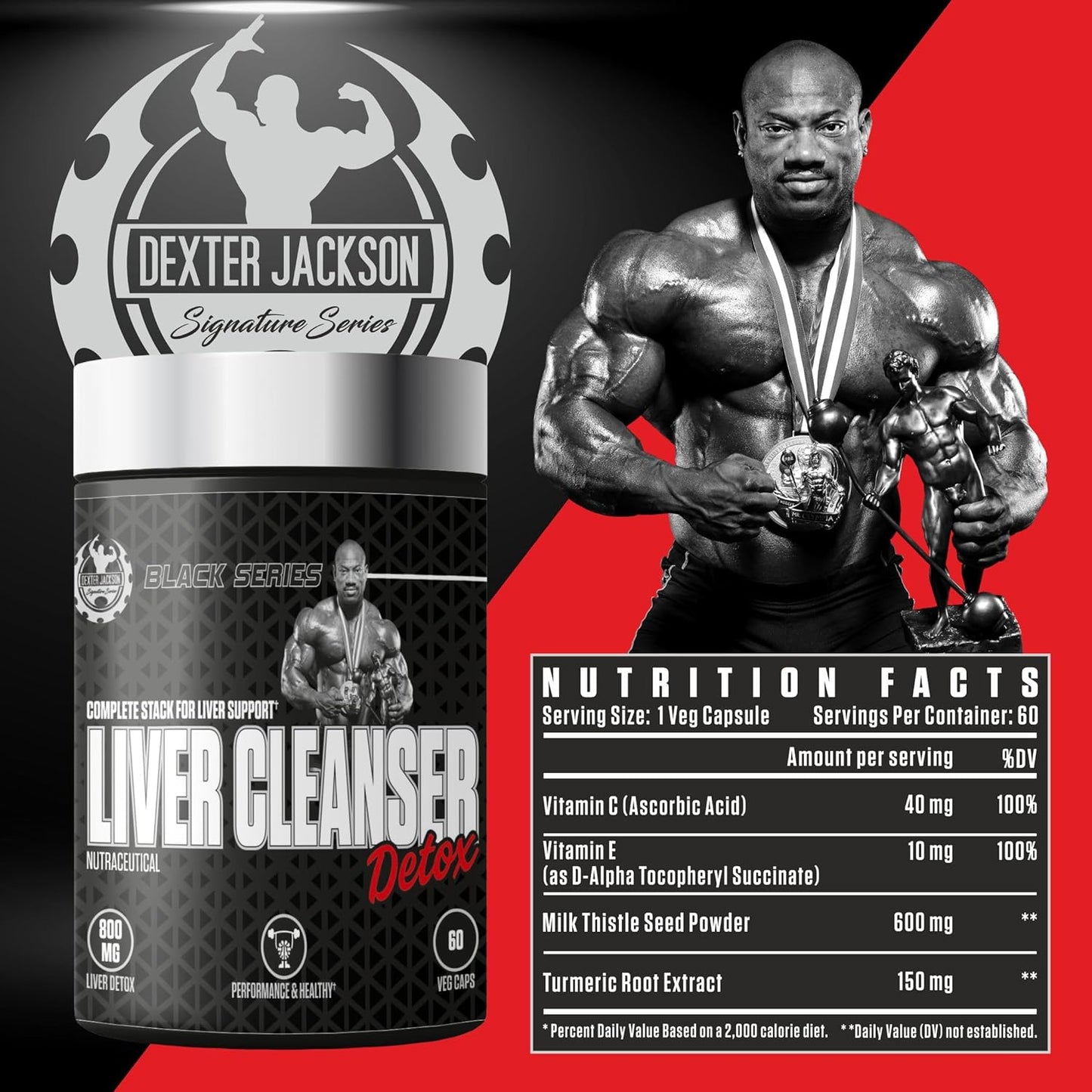 Dexter Jackson Black Series Liver Cleanser Detox Supplement with Milk Thistle Seed Powder | Bodybuilders & Fitness | 60 Veg Capsules