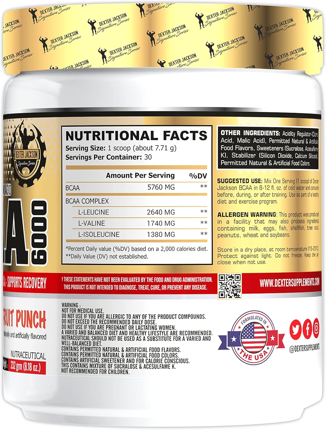 Dexter Jackson Gold Series BCAA - Fruit Punch Flavor - 226g (30 Servings) - Advanced Amino Acids for Muscle Recovery & Endurance