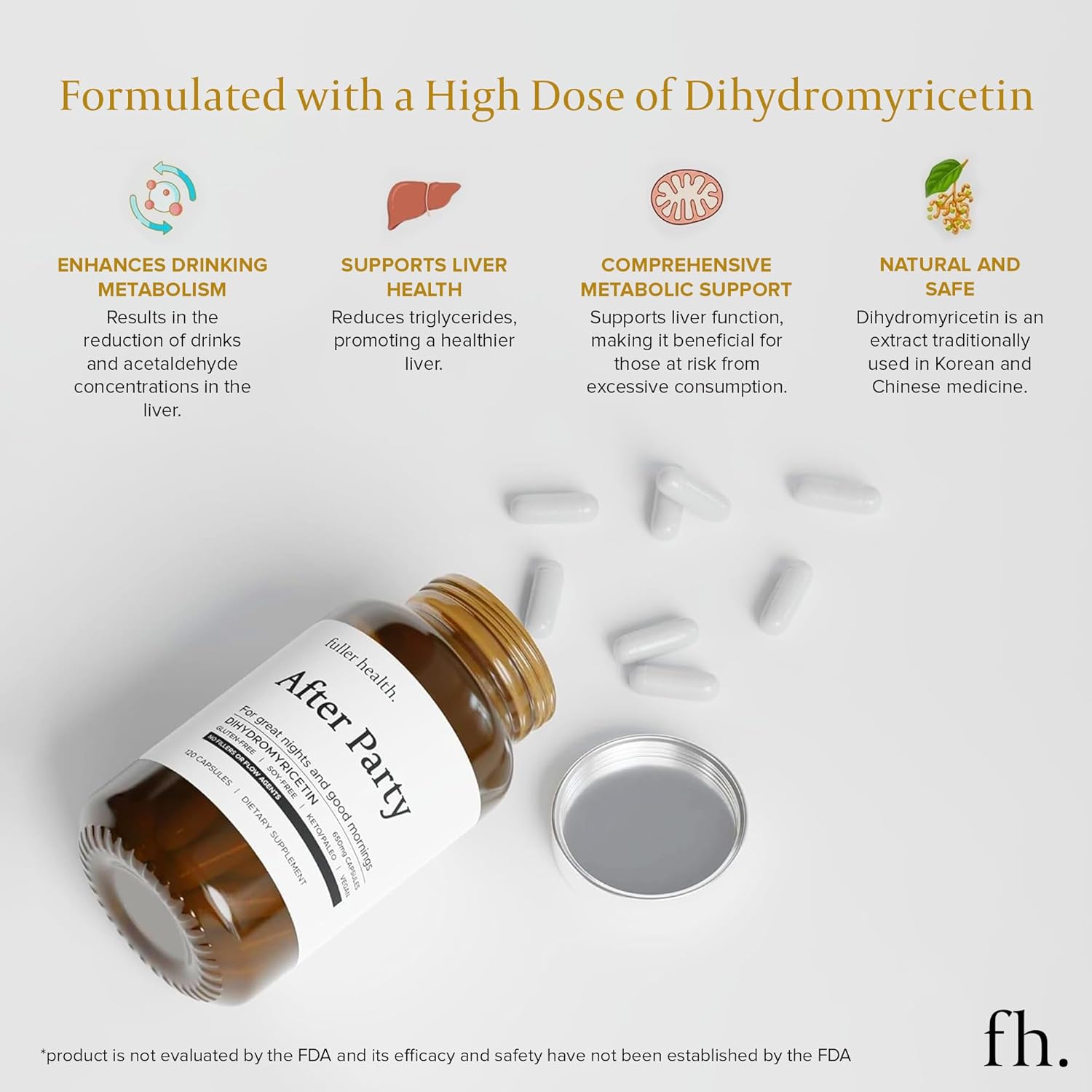 DHM Dihydromyricetin Supplement for Full Body Health | Boost Liver Function, Metabolism, Energy | Post-Party Relief, 650mg Per Pill | 1 Bottle, 24 Servings