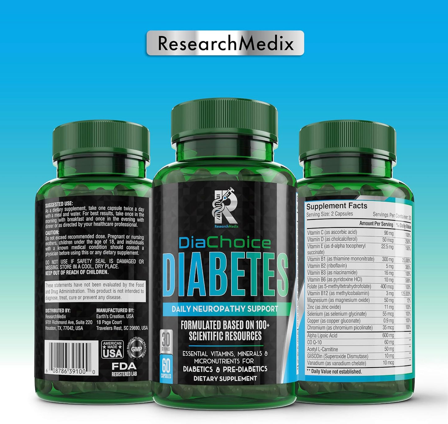 DiaChoice Neuropathy Support Supplement with Alpha Lipoic Acid 600mg - Nerve Health Fortification & Function Support with ALA, CoQ10, Magnesium, Zinc, B Vitamins, D, C, E & More