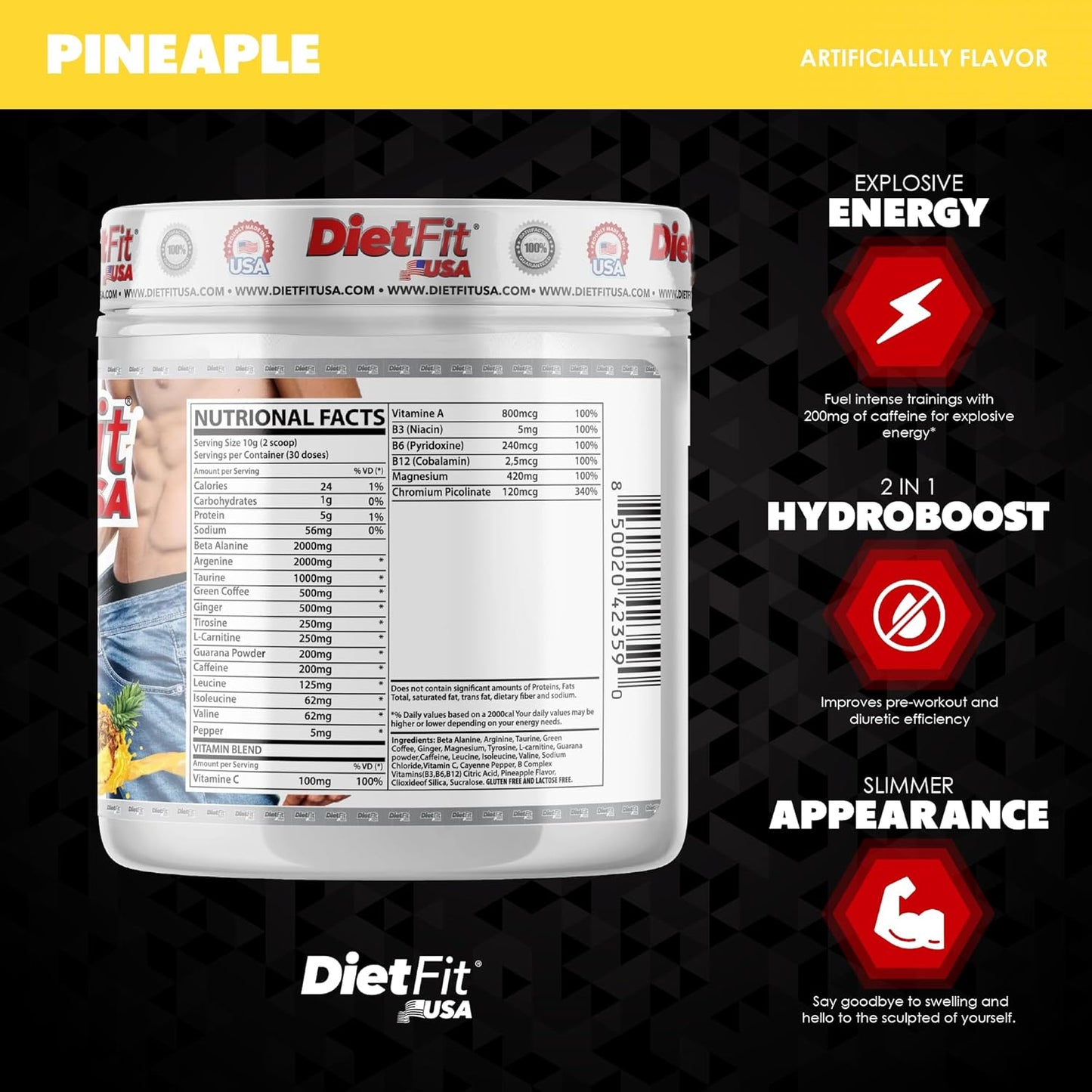 DIETFIT USA Hydroboost Pre-Workout and Diuretic 300g - Pineapple Flavor | 2-in-1 Fitness Supplement for Intense Energy | 30 Servings