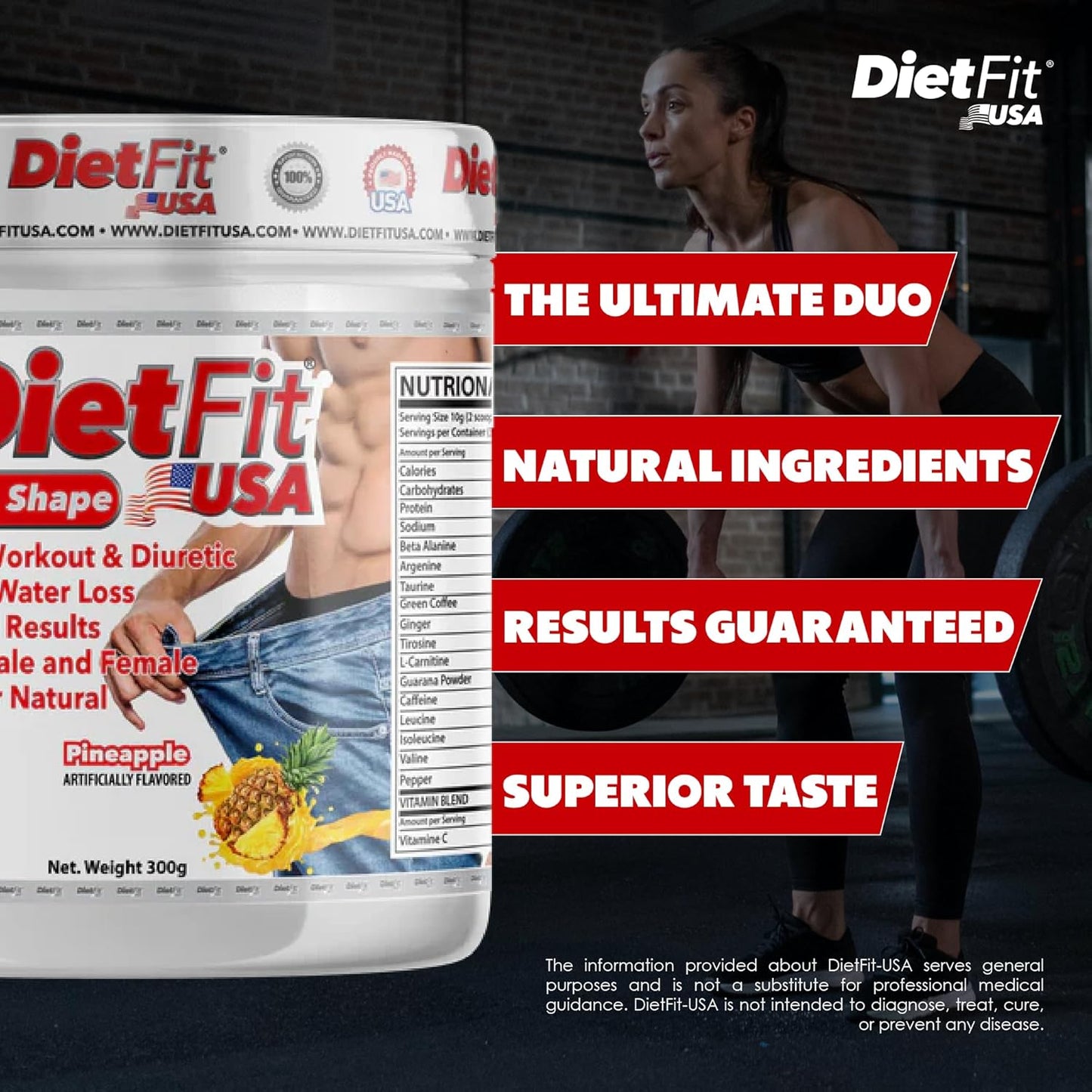 DIETFIT USA Hydroboost Pre-Workout and Diuretic 300g - Pineapple Flavor | 2-in-1 Fitness Supplement for Intense Energy | 30 Servings