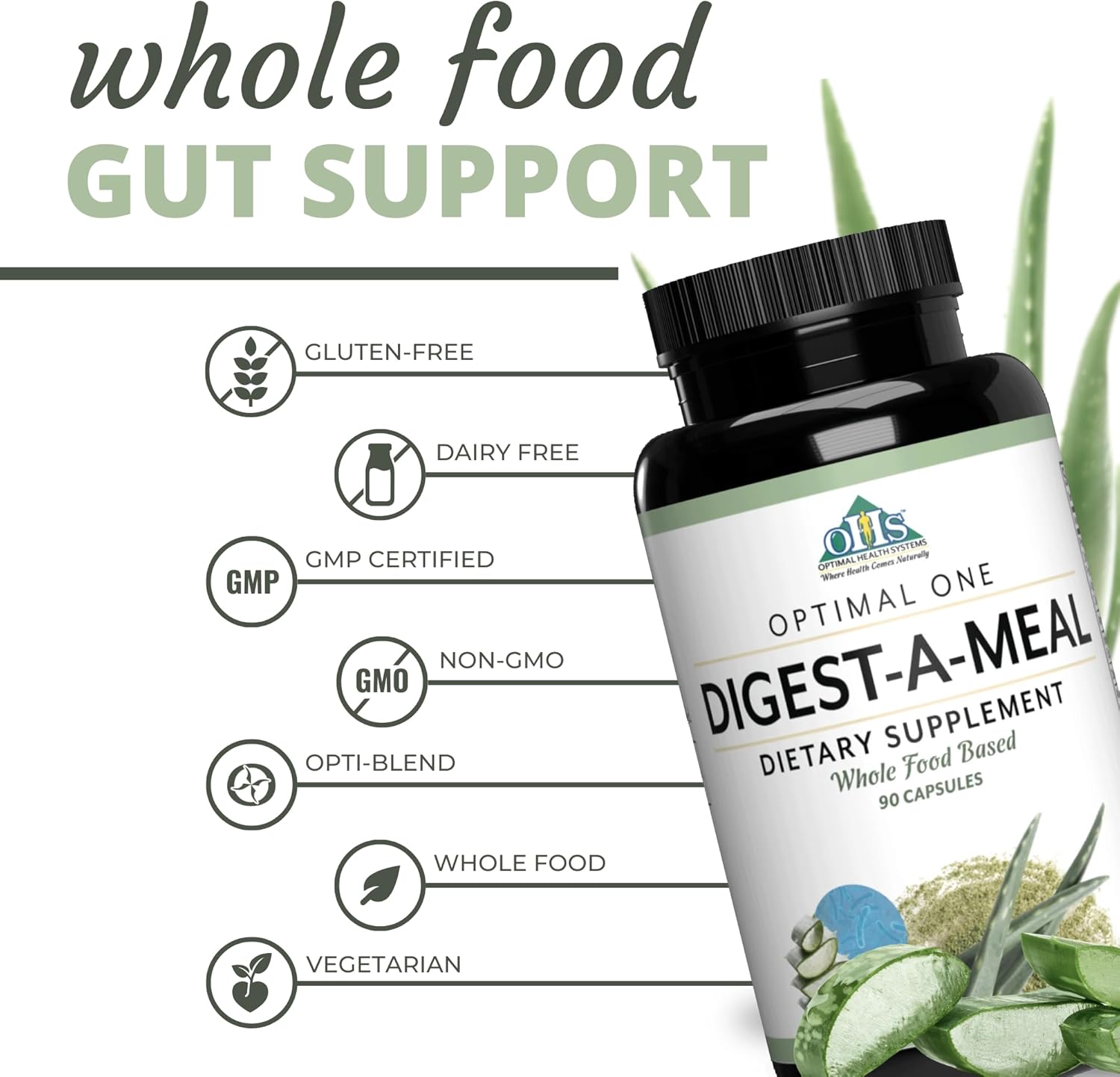 Digest-A-Meal Enzyme & Probiotic Supplement for Gut Health - Relief for Bloating, Acid Reflux, & Indigestion - Includes Aloe Vera Leaf - 90 Capsules