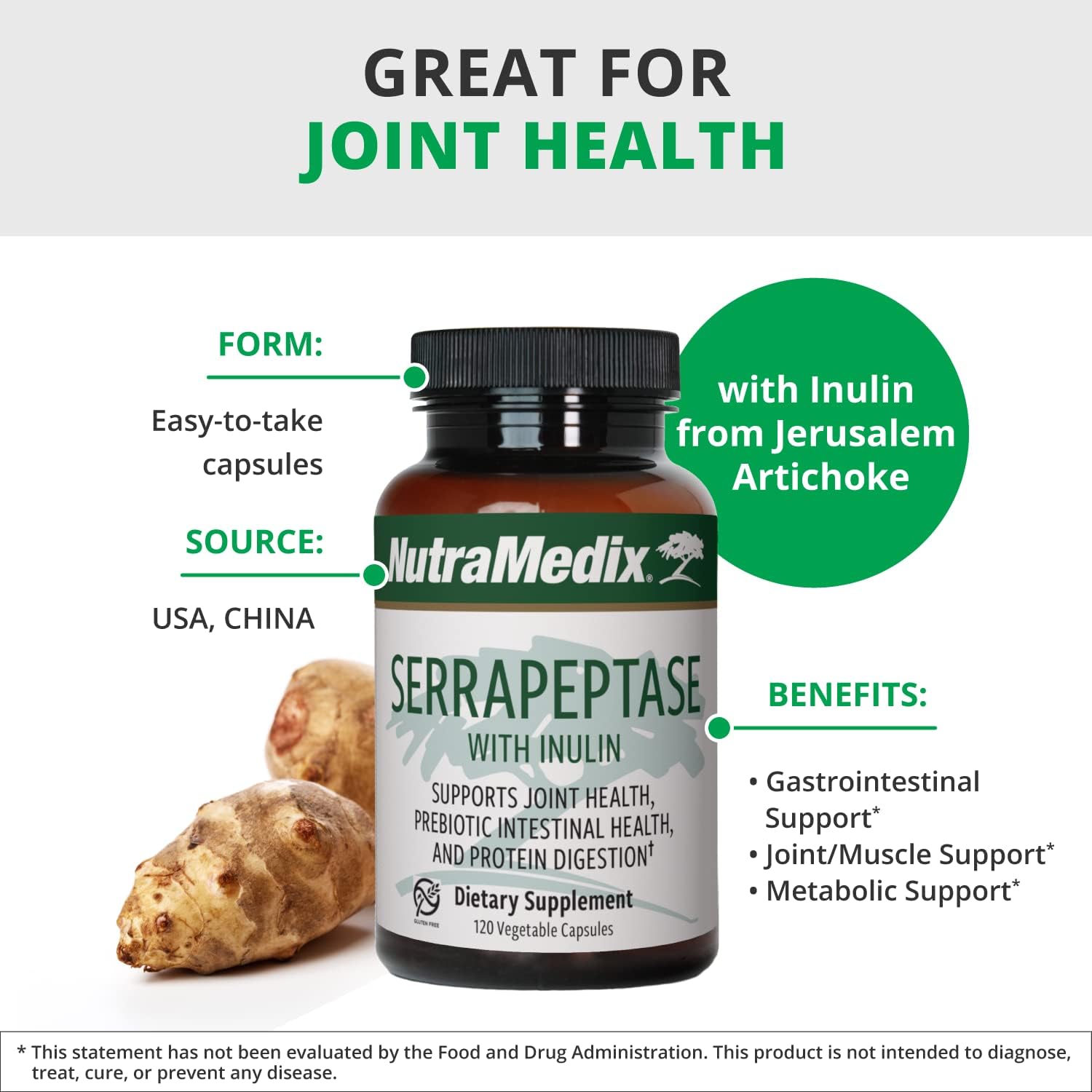 Digestive and Joint Support Supplement - NutraMedix Serrapeptase Enzymes with Inulin - Gluten, Soy, Dairy-Free - 60 Capsules