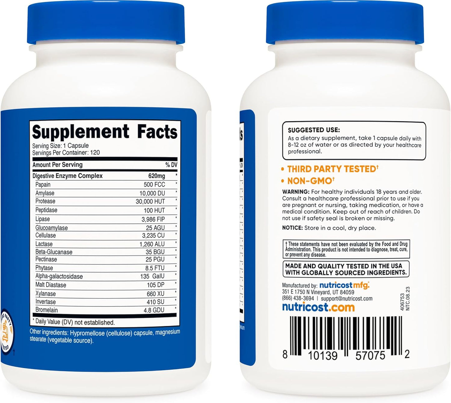 Digestive Enzyme Supplement 620mg - 120 Veggie Capsules (3 Bottles) by Nutricost