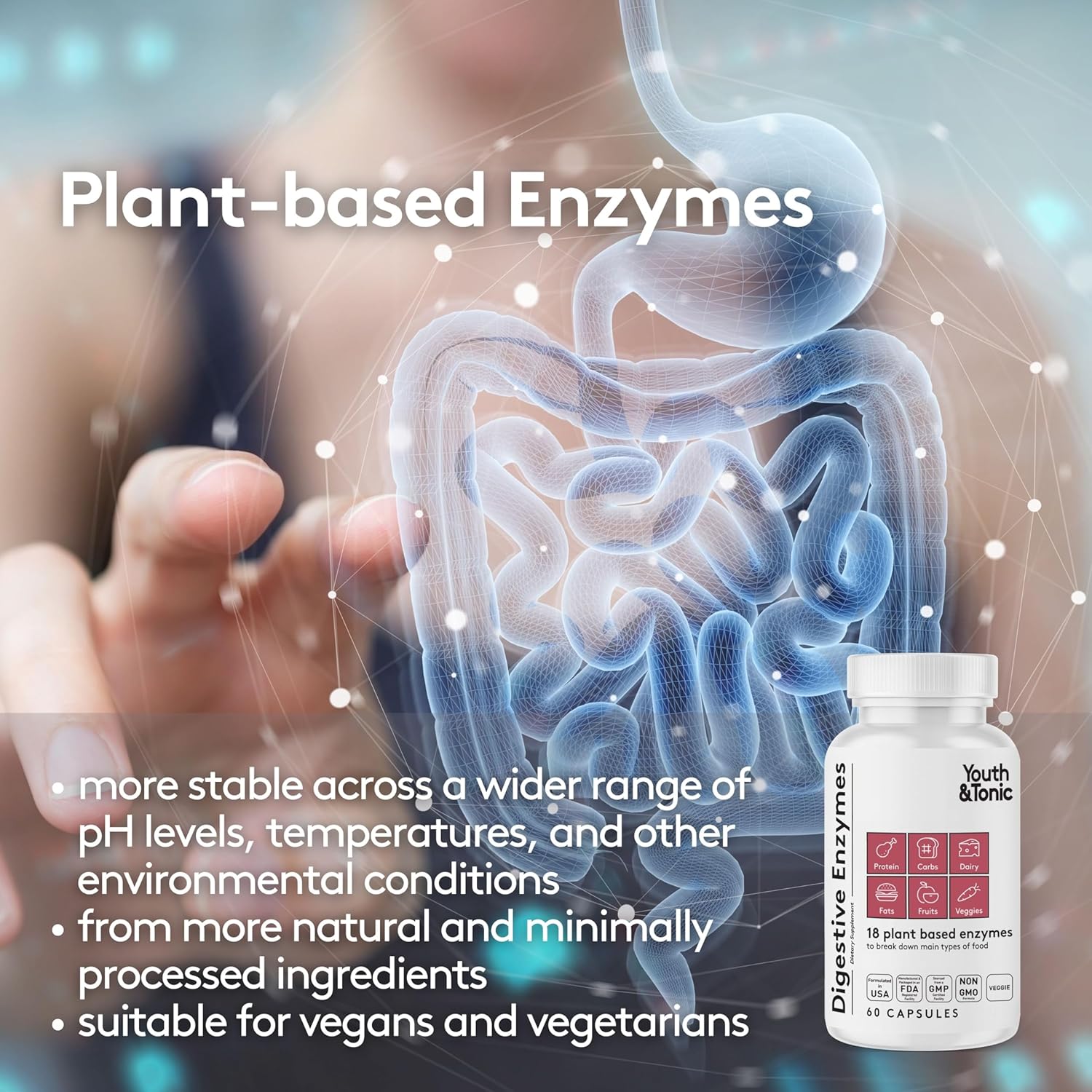 Digestive Enzyme Supplement for Bloating & Gut Health - Full Spectrum Enzymes for Men & Women, 60 Capsules