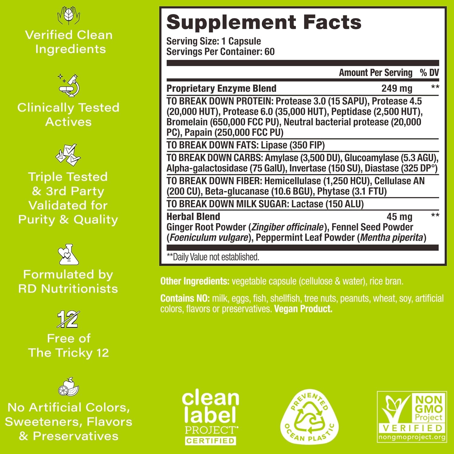 Digestive Enzyme Supplement for Bloating Relief - Vegan Fast-Acting Enzyme Blend for Digestive Health & Debloating - 60 Servings