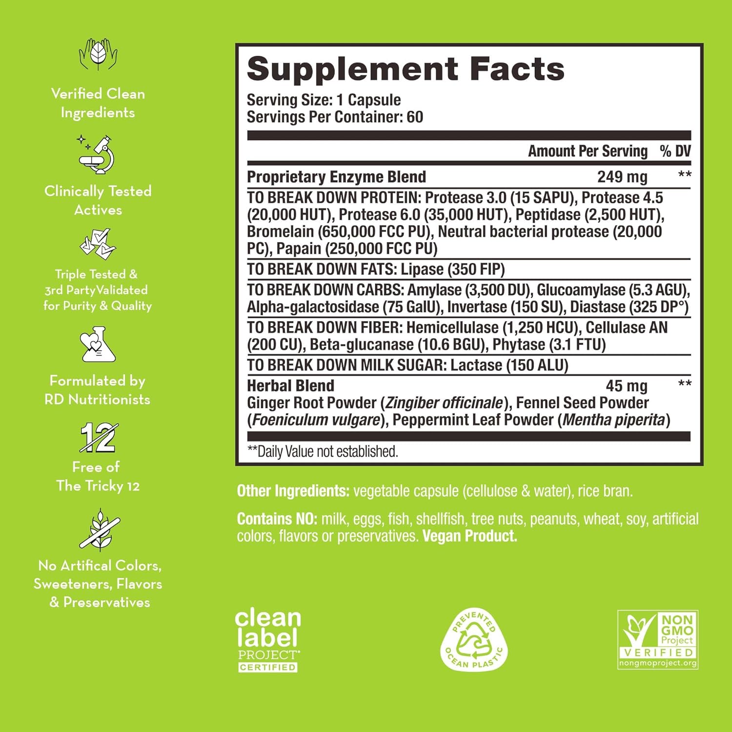 Digestive Enzyme Supplement for Bloating Relief - Vegan Fast-Acting Enzyme Blend for Digestive Health & Debloating - 60 Servings