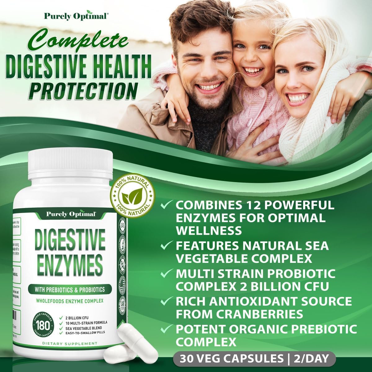 Digestive Enzyme Supplement with 12 Enzymes, Probiotics & Prebiotics - Gut Health Support for Bloating, Gas & Digestive Discomfort - 180 Capsules