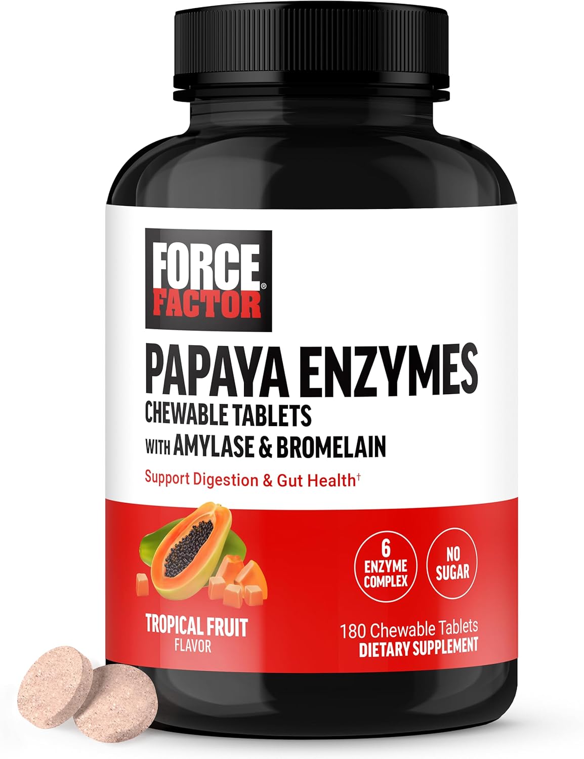 Digestive Enzyme Supplement with Papaya, Amylase, and Bromelain - 180 Chewable Tablets for Healthy Digestion and Bloating Relief - Tropical Fruit Flavor, Sugar Free, Non-GMO