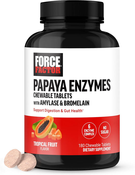 Digestive Enzyme Supplement with Papaya, Amylase, and Bromelain - 180 Chewable Tablets for Healthy Digestion and Bloating Relief - Tropical Fruit Flavor, Sugar Free, Non-GMO