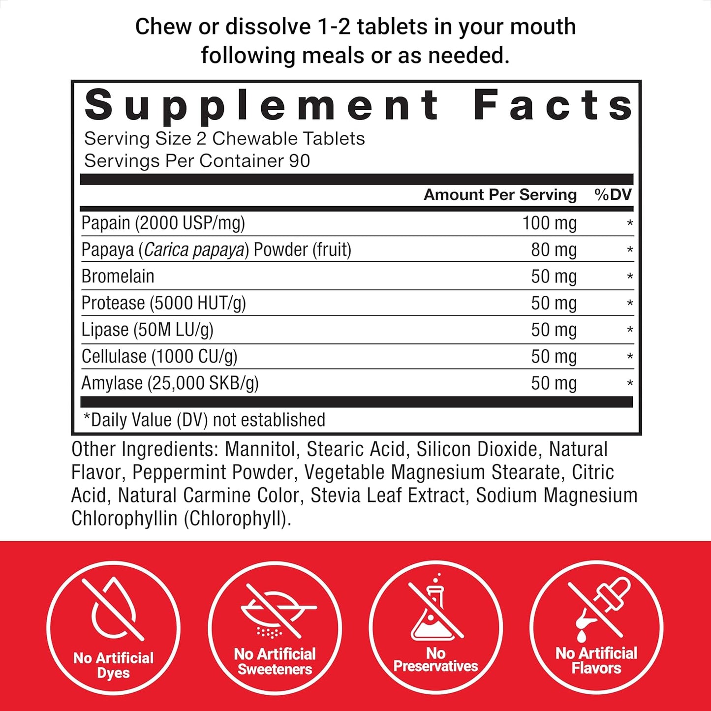 Digestive Enzyme Supplement with Papaya, Amylase, and Bromelain - 180 Chewable Tablets for Healthy Digestion and Bloating Relief - Tropical Fruit Flavor, Sugar Free, Non-GMO