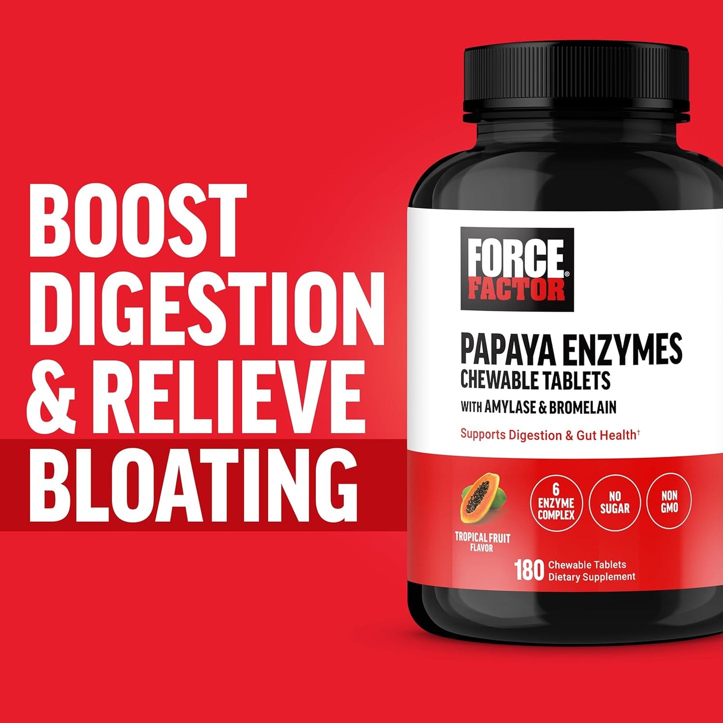 Digestive Enzyme Supplement with Papaya, Amylase, and Bromelain - 180 Chewable Tablets for Healthy Digestion and Bloating Relief - Tropical Fruit Flavor, Sugar Free, Non-GMO