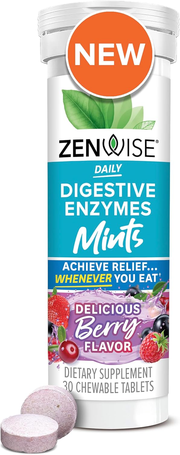 Digestive Enzymes Chewable Supplement with Papaya & Bromelain for Gut Health and Bloating Relief - 30 Berry Flavor Tablets for Men and Women by Zenwise Health