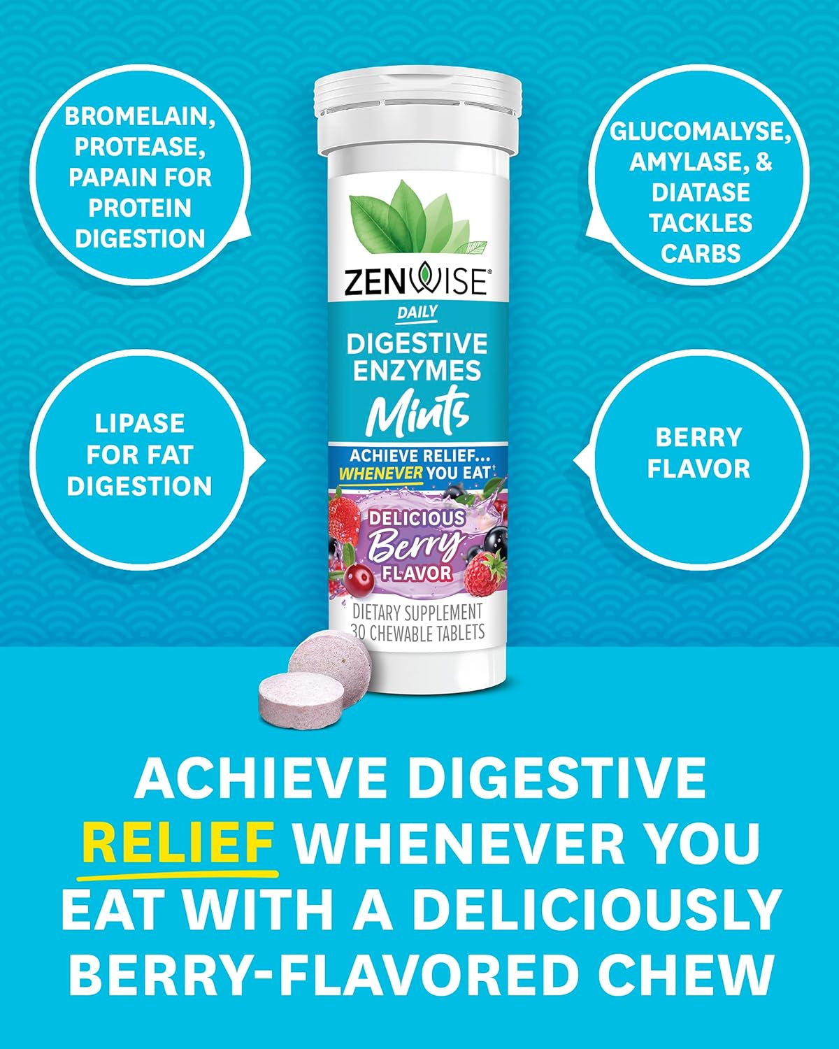 Digestive Enzymes Chewable Supplement with Papaya & Bromelain for Gut Health and Bloating Relief - 30 Berry Flavor Tablets for Men and Women by Zenwise Health