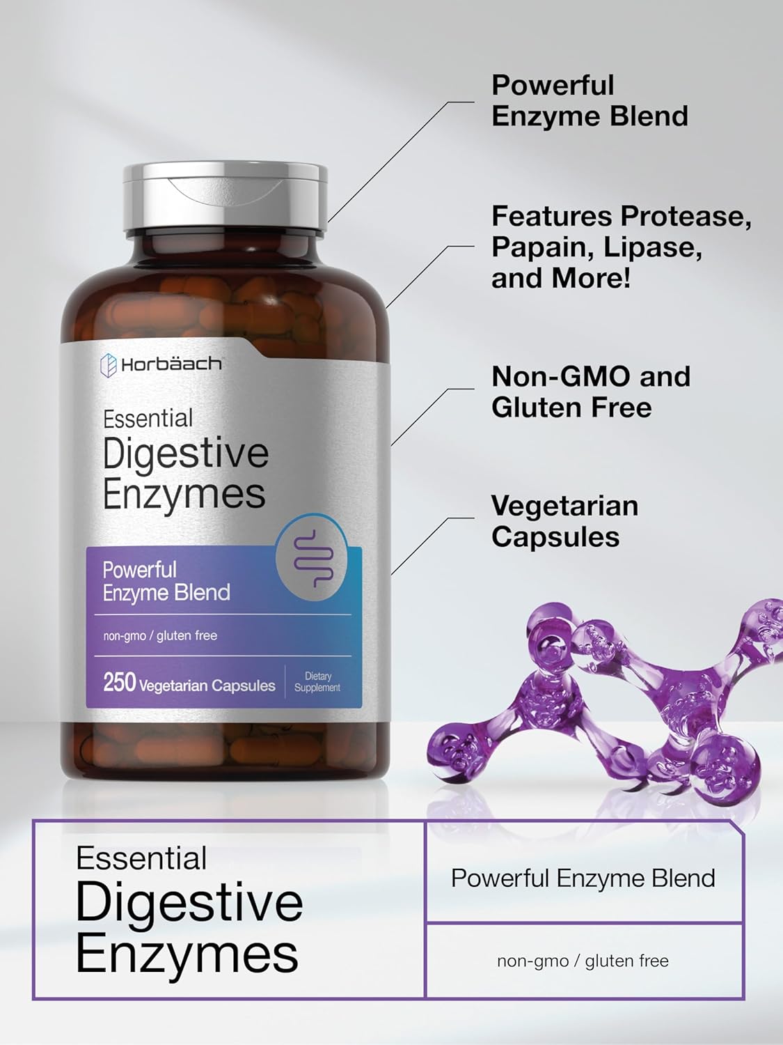 Digestive Enzymes Supplement | 250 Capsules | Enzyme Blend for Men & Women | Non-GMO & Gluten Free