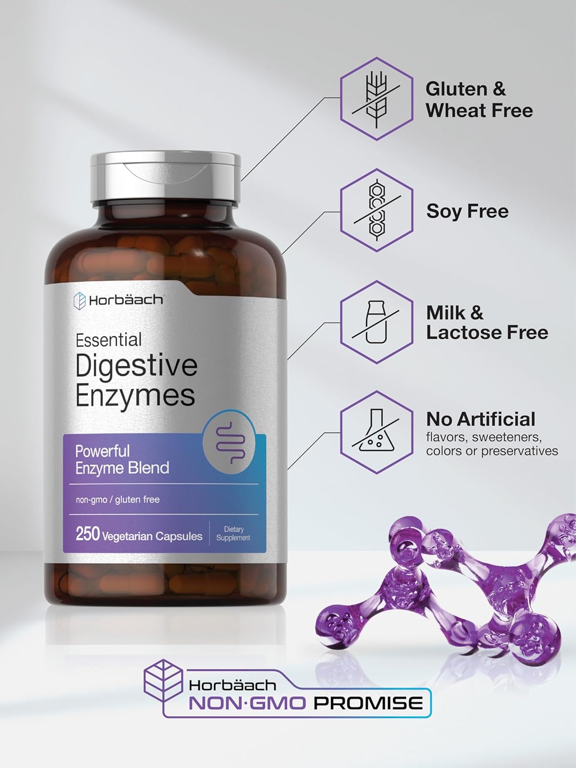 Digestive Enzymes Supplement | 250 Capsules | Enzyme Blend for Men & Women | Non-GMO & Gluten Free