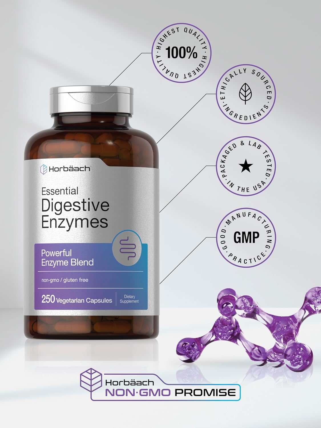 Digestive Enzymes Supplement | 250 Capsules | Enzyme Blend for Men & Women | Non-GMO & Gluten Free