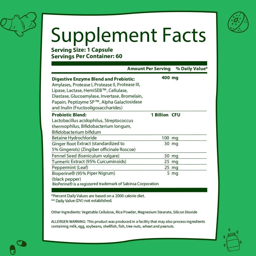 Digestive Enzymes Supplement with Prebiotics and Probiotics for Gut Health - Gluten and Lactose Digestion Support - Plant Based - 120 Capsules