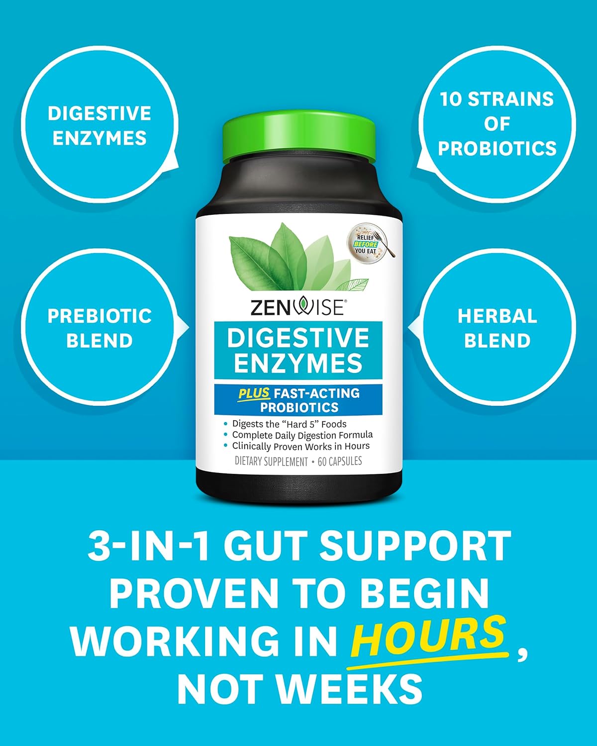Digestive Enzymes with Bromelain, Prebiotics, and Probiotics - Gut Health Support for Women and Men - Bloating Relief - 60 CT