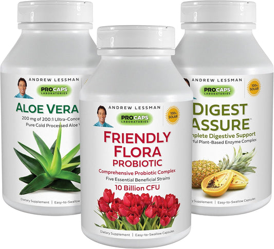 Digestive Health Bundle - 540 Capsules - Includes Digest Assure, Aloe Vera-200, and Friendly Flora Probiotic - Supports Digestive System