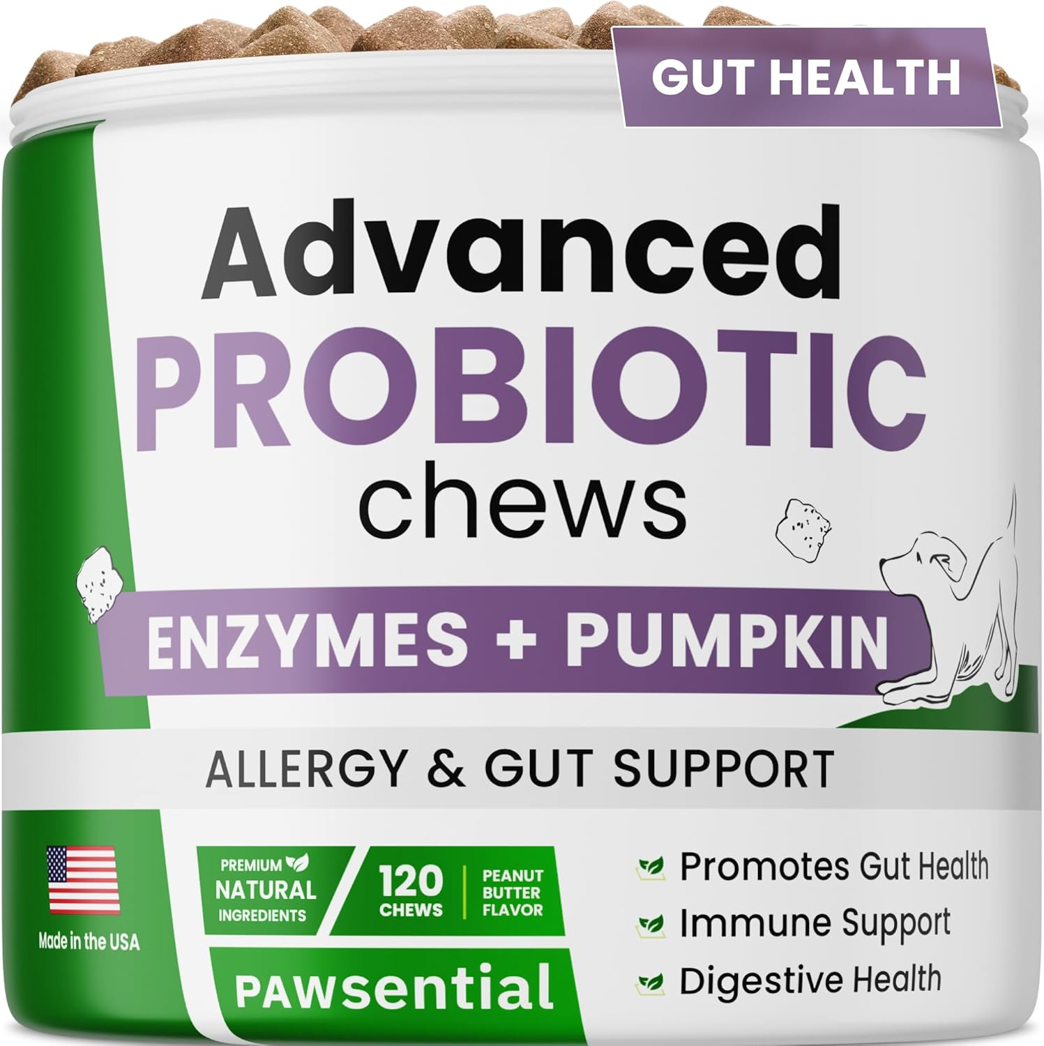 Digestive Health Chews for Dogs | Probiotics & Enzymes for Allergies, Itchy Skin, Diarrhea, Gas Relief | Prebiotics Fiber Supplement - 120 Treats