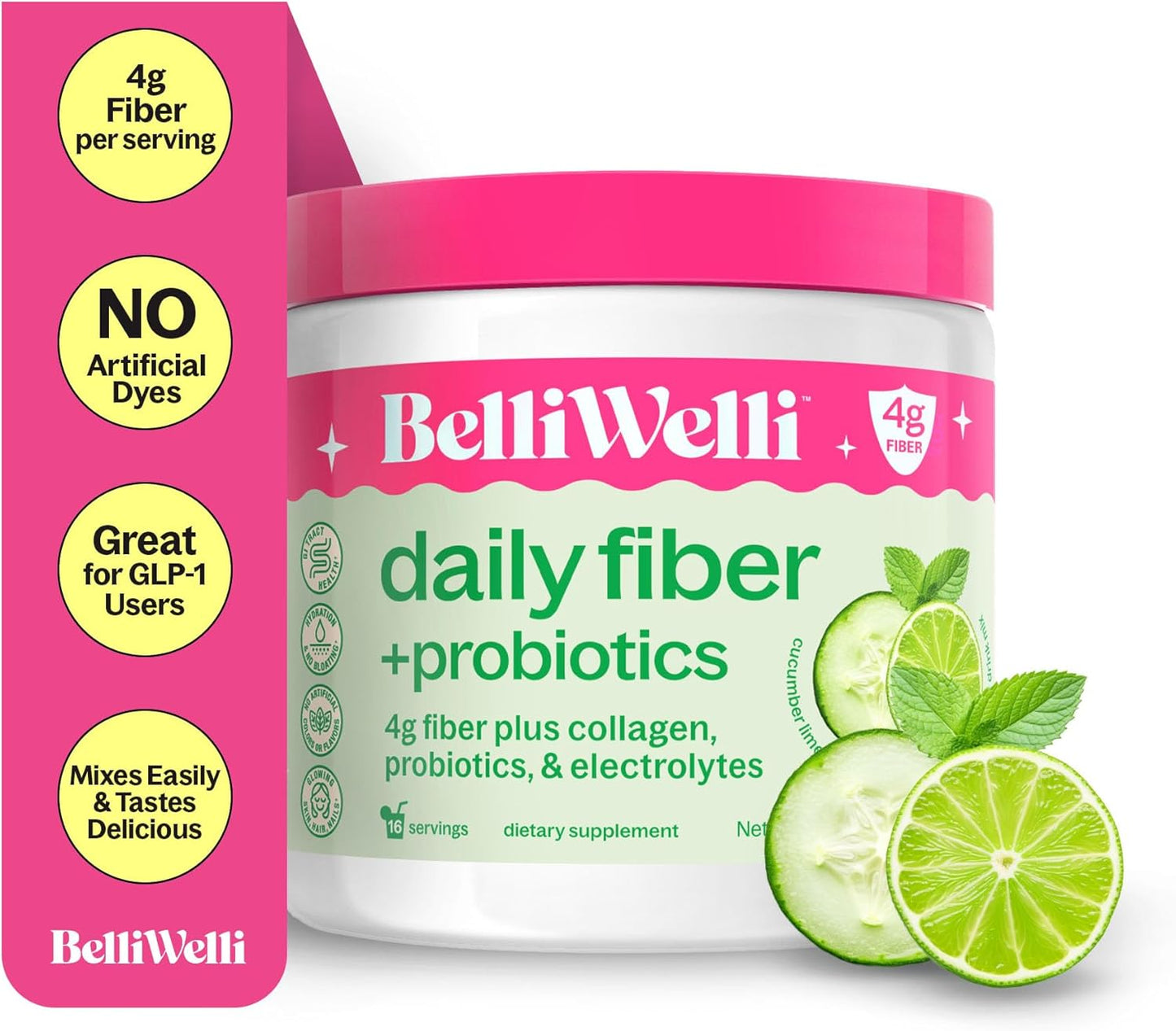 Digestive Health Fiber Supplement with Collagen, Probiotics, and Electrolytes - Cucumber Lime Mint Flavor - 16 Servings