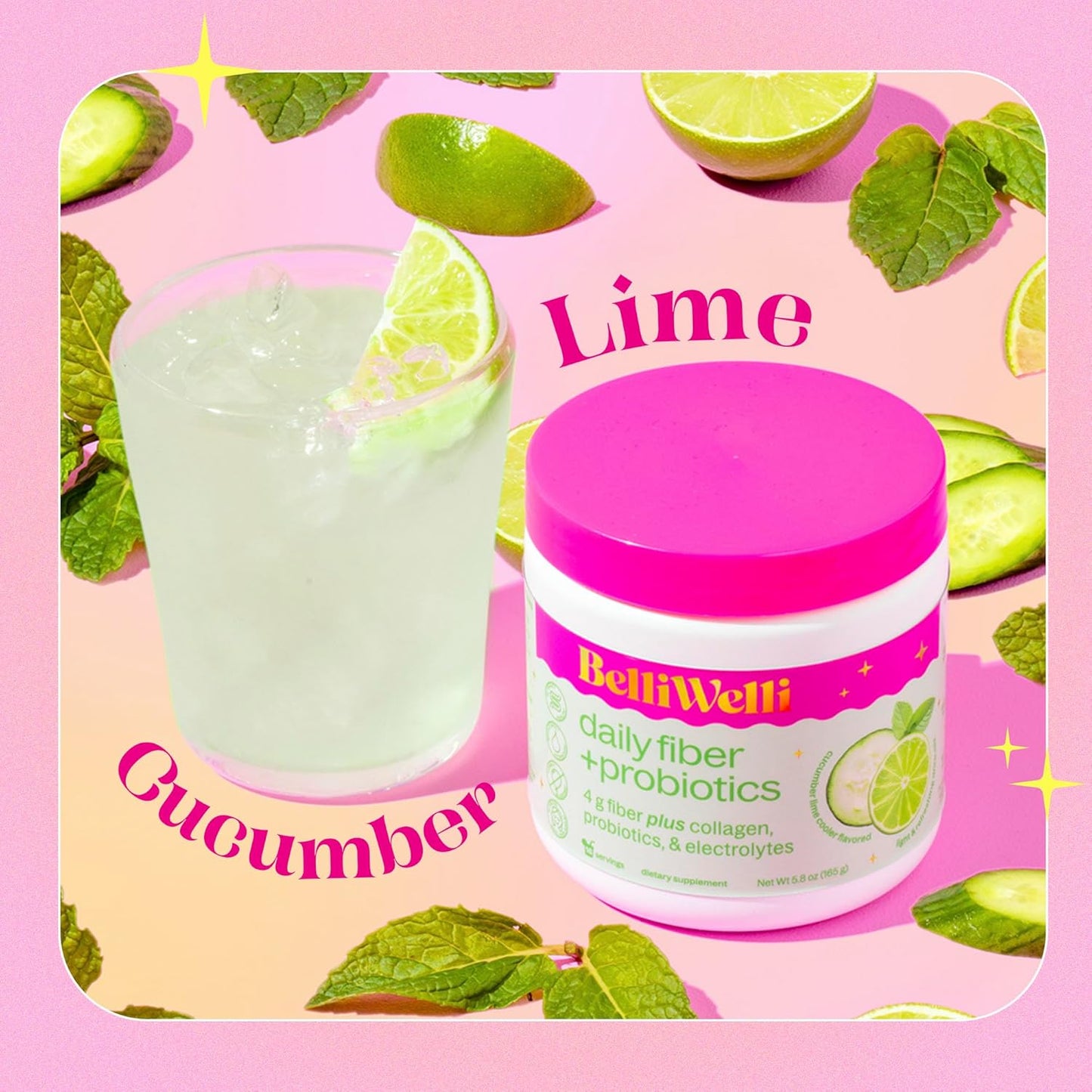 Digestive Health Fiber Supplement with Collagen, Probiotics, and Electrolytes - Cucumber Lime Mint Flavor - 16 Servings