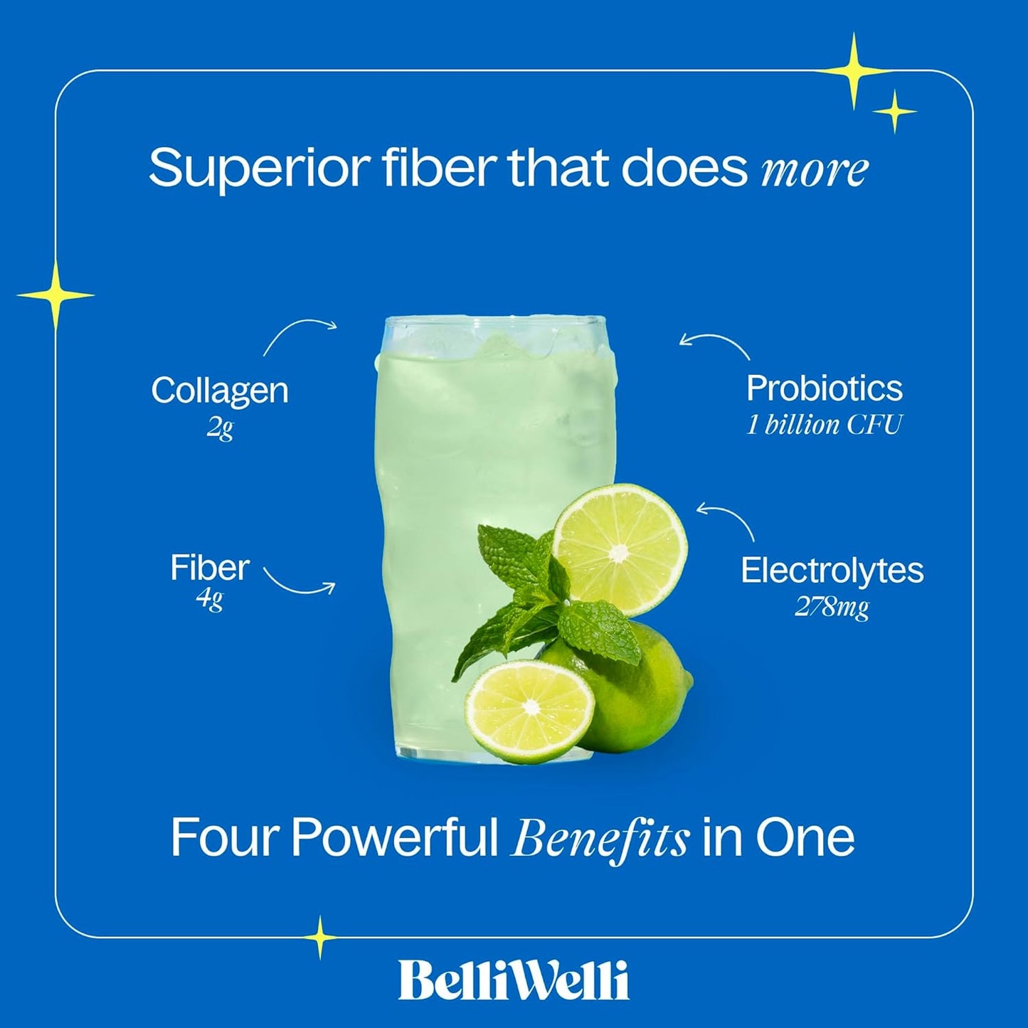 Digestive Health Fiber Supplement with Collagen, Probiotics, and Electrolytes - Cucumber Lime Mint Flavor - 16 Servings