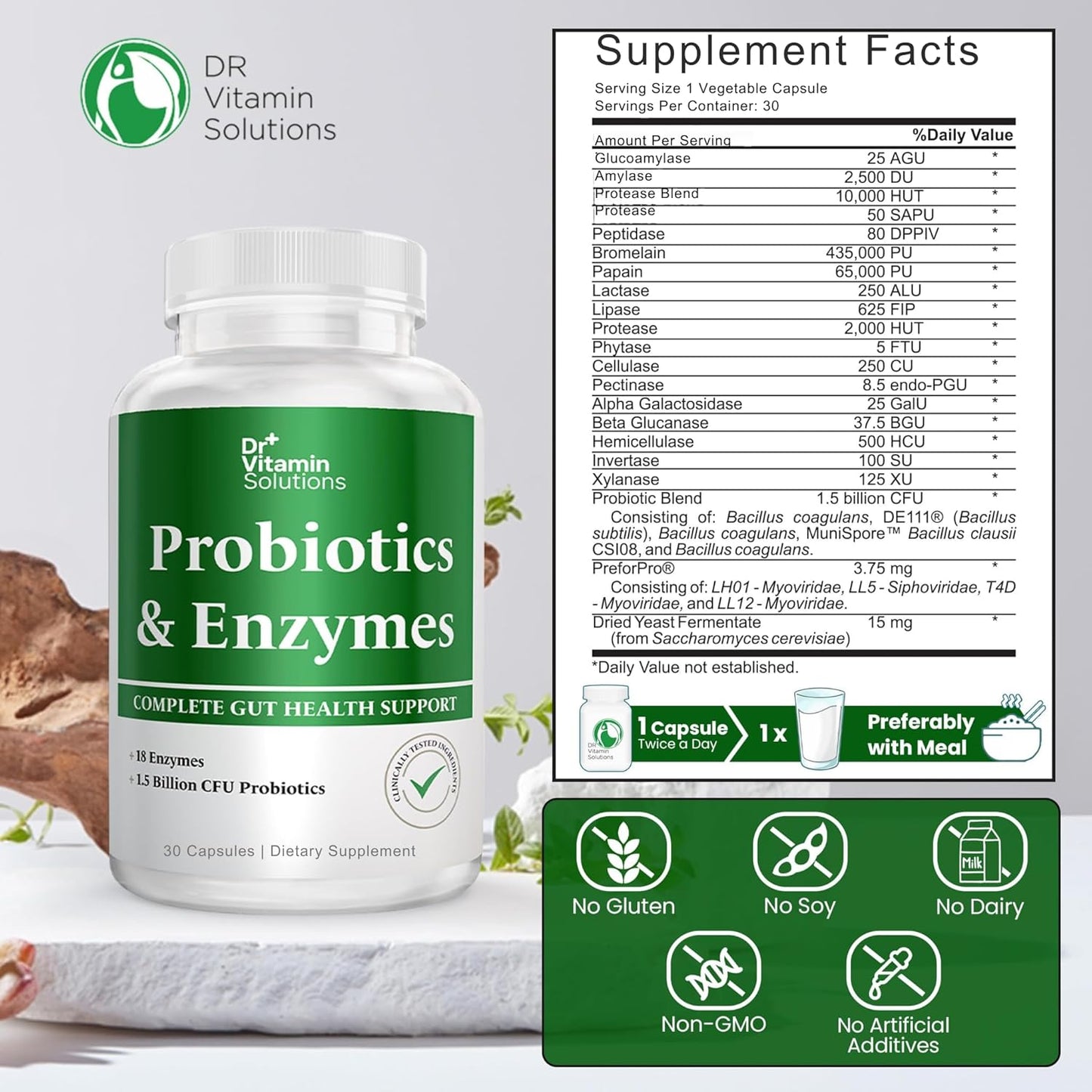 Digestive Health Probiotics & Enzymes with Prebiotics - Bloating Relief for Women & Men - Gut Digestion Support - 30 Capsules