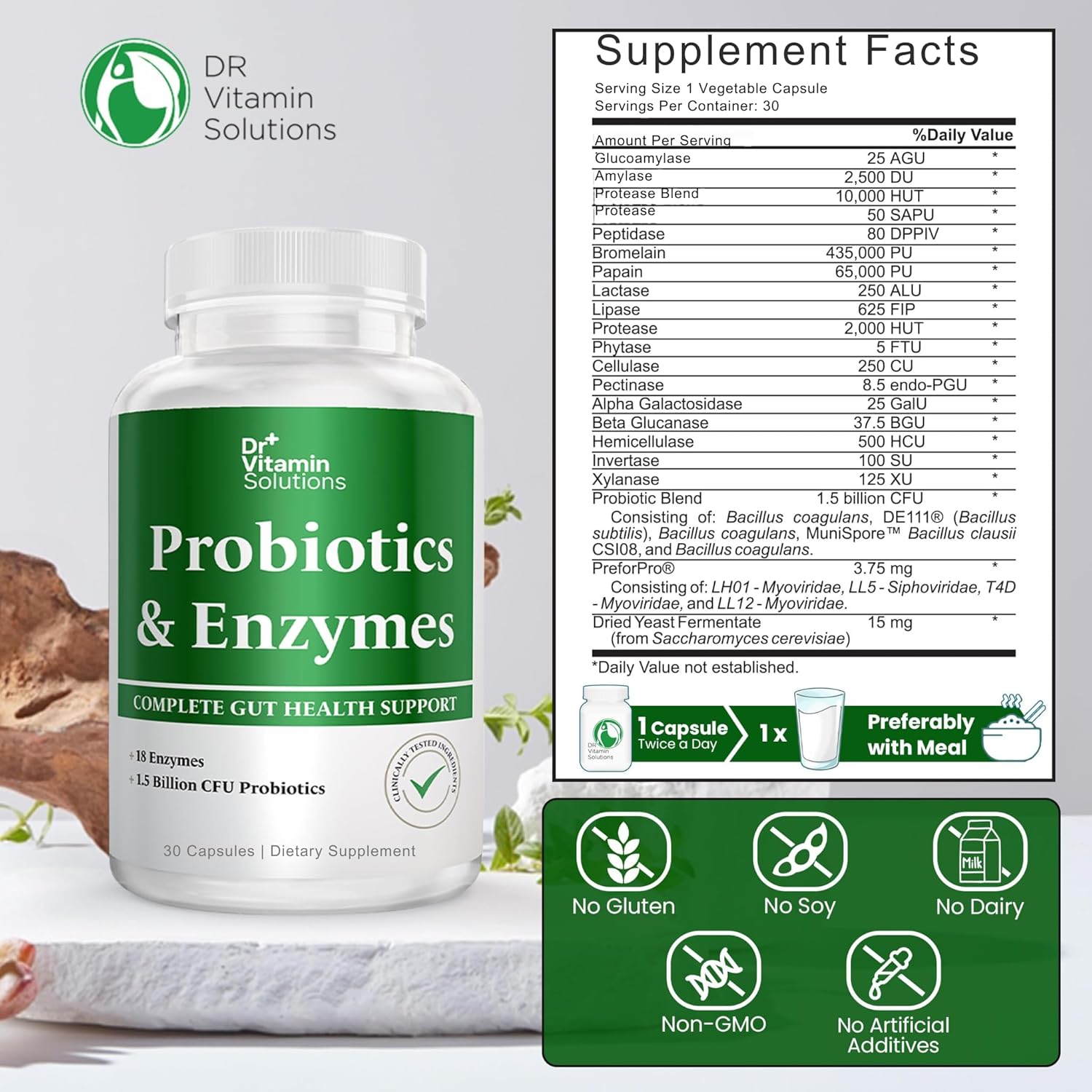 Digestive Health Probiotics & Enzymes with Prebiotics - Bloating Relief for Women & Men - Gut Digestion Support - 30 Capsules