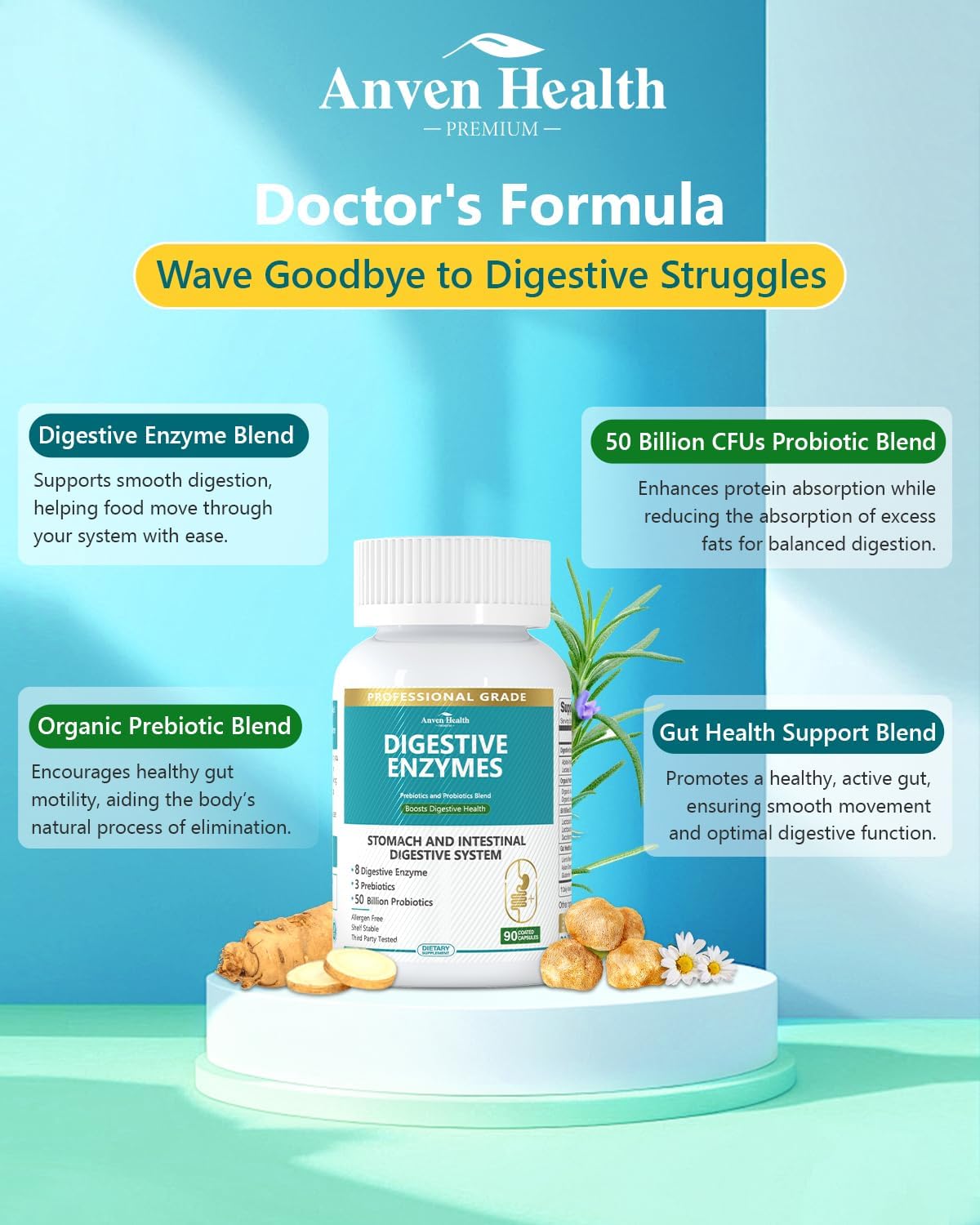 Digestive Health Probiotics for Women & Men - Enzymes, Prebiotic, Constipation Relief - 90 Capsules